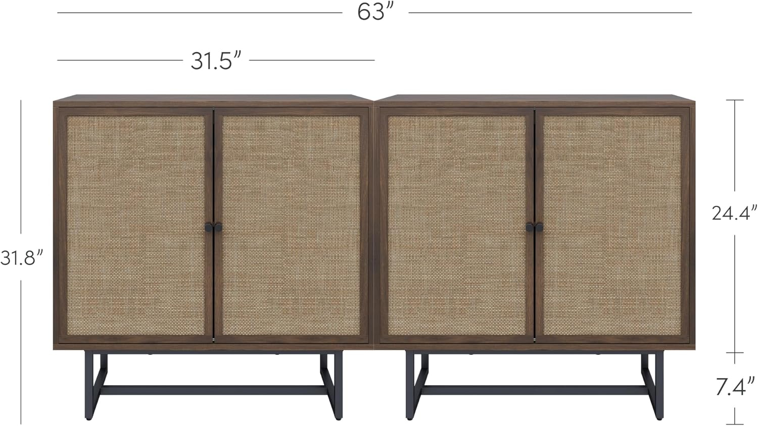 Nathan James Kova Bohemian Rattan Accent Sideboard Storage Cabinet, with Doors and Matte Black Legs, Dark Brown/Black