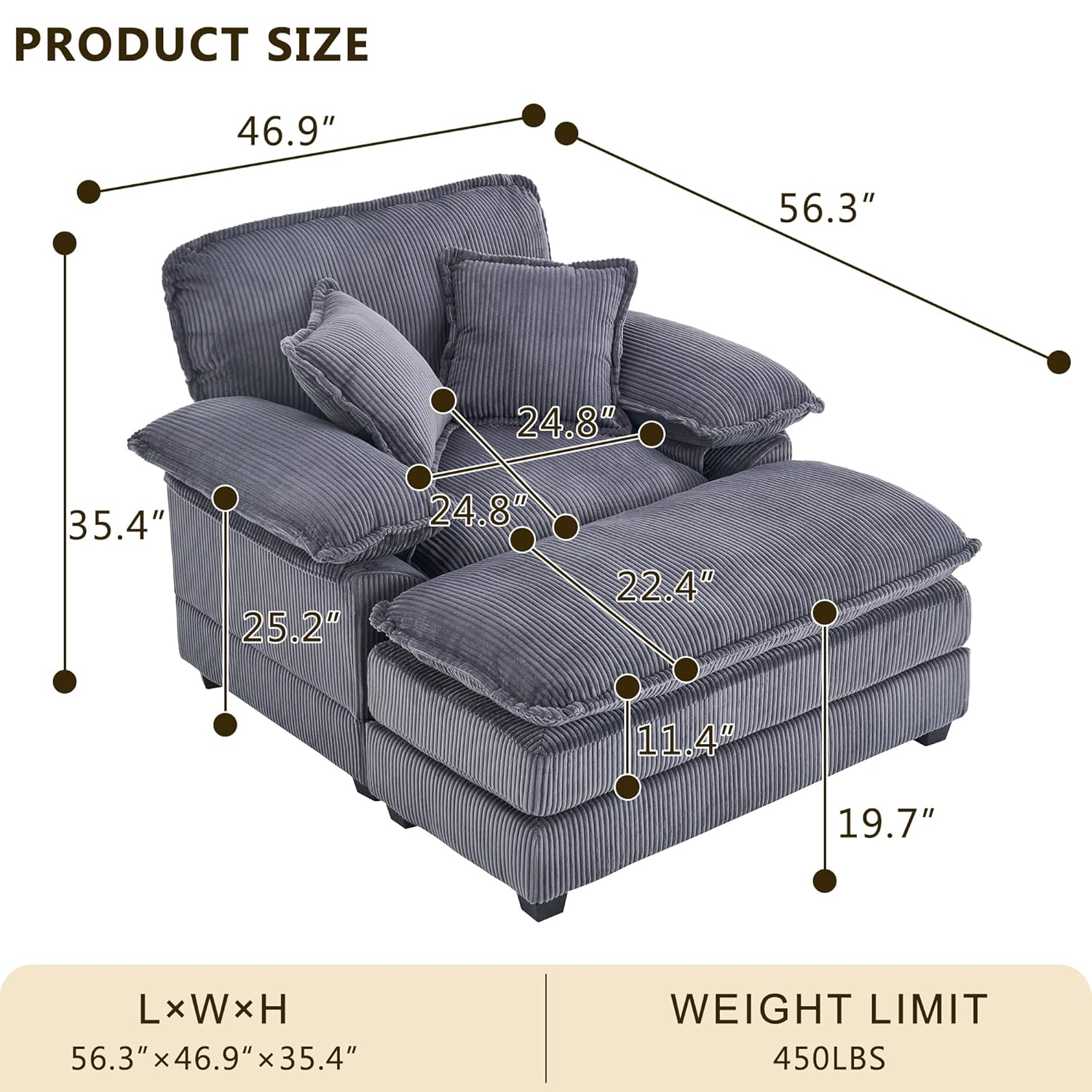 46.9" W Oversized Chair with Ottoman, Corduroy Upholstered Chaise Lounge Chair Indoor Reading Chairs Sofa Couche Oversized Comfy Chairs for Living Room, Bedroom (Corduroy Black)