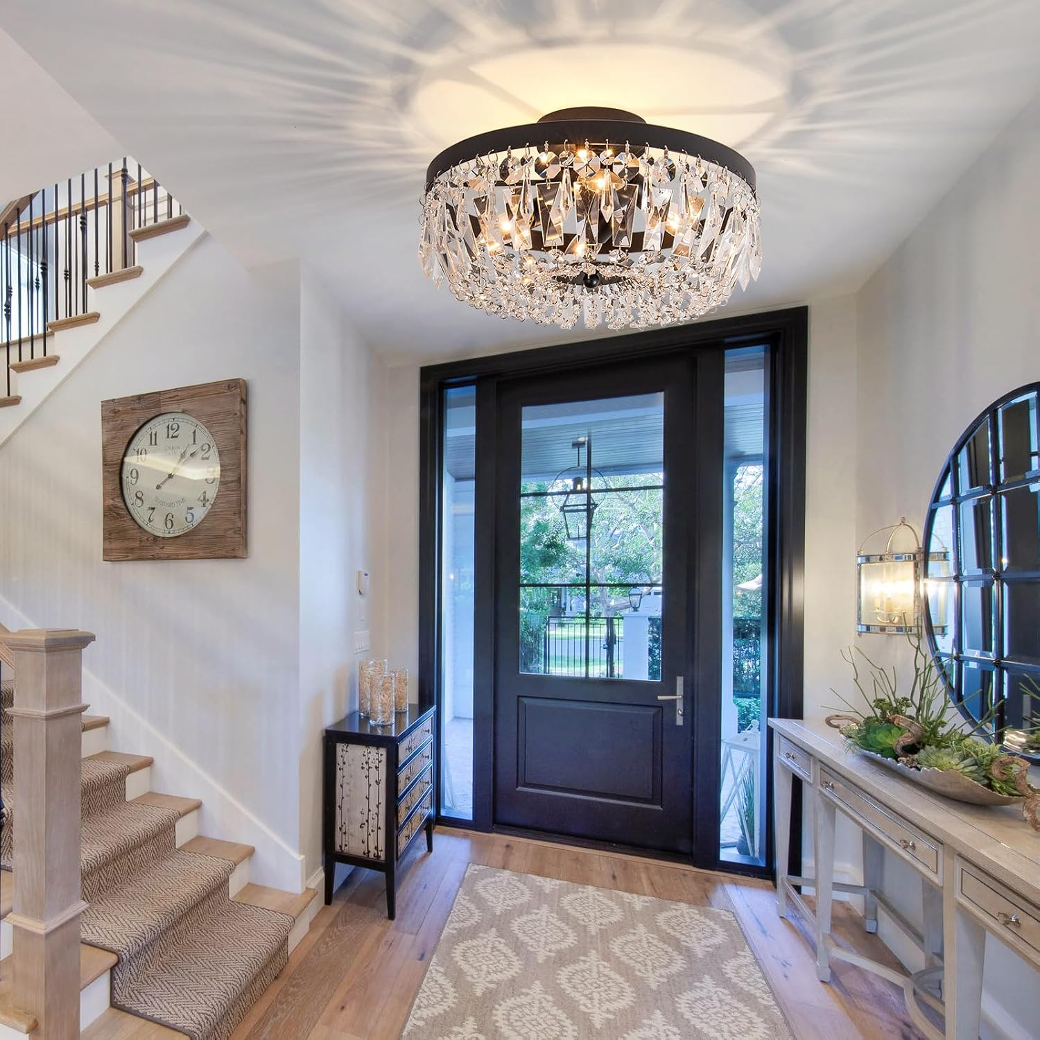 KSRYSZCQ Black Crystal Ceiling Light 4 Light Semi Flush Mount Ceiling Light Crystal Close to Ceiling Light Fixtures for Bedroom Living Room Kitchen Hallway