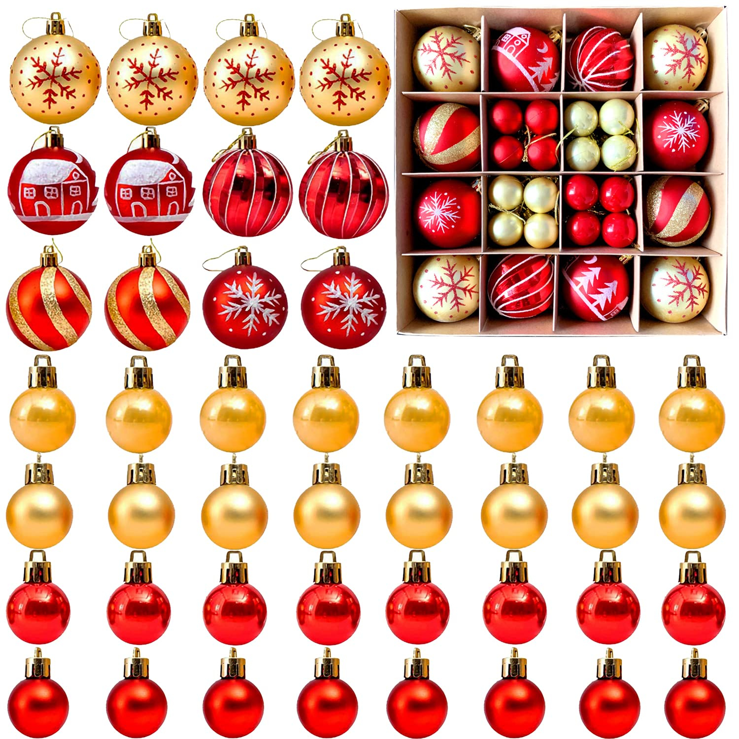 Zhourta 44Pcs Gold and Red Christmas Hanging Balls Christmas Proof Ball Ornaments for Party Holiday Christmas Tree Supplies Home Yard Decorh