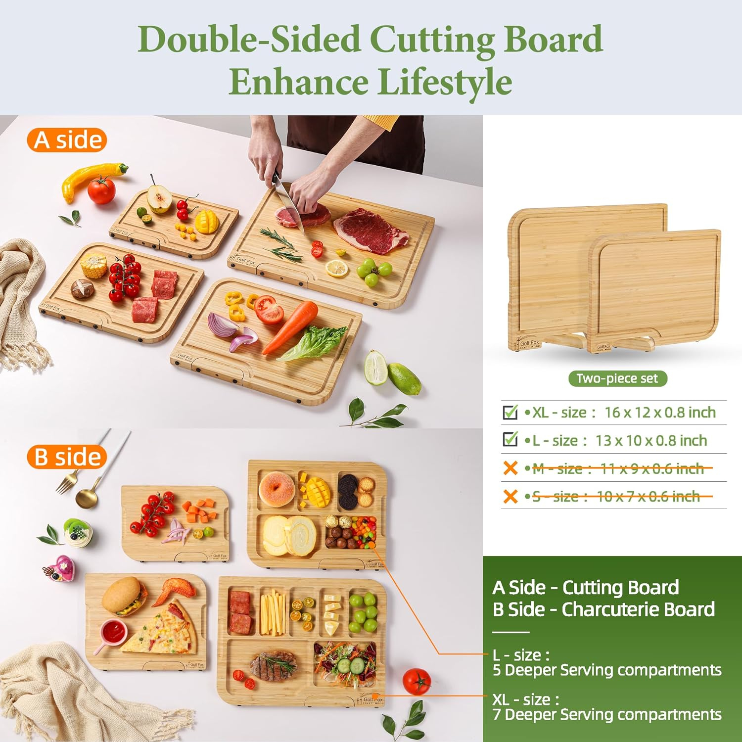 2-PCS Bamboo Cutting Board Set, Wood Cutting Board for Kitchen with Innovative Stand, Juice Groove & Handle, Double Sided for Chopping & Charcuterie Board, Kitchen Gift for Home Cooks, For Meat &Fruit