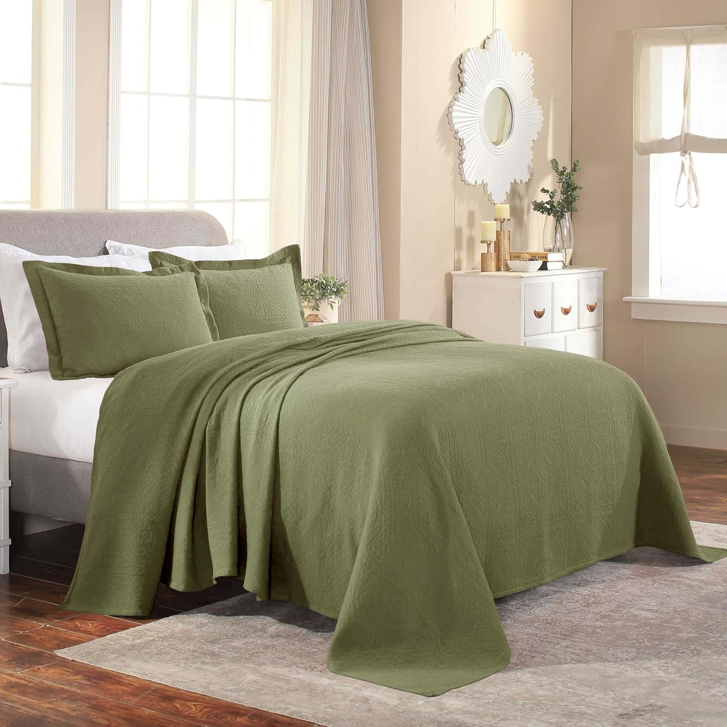 Superior Jacquard Matelasse Cotton Bedspread Set of 3 Pieces, Twin, Sage