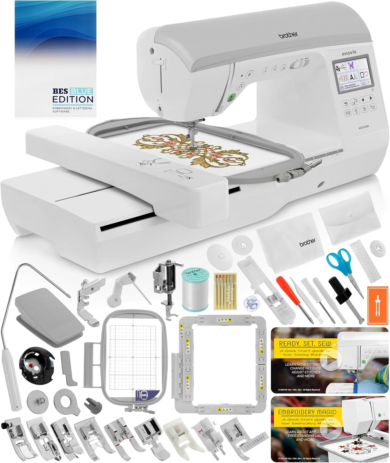 Brother NQ3550W Sewing & Embroidery Machine, 6" x 10" Field Size, 291 Stitches, Includes BES Lettering Software + Brother Magnetic SAMF180 Hoop + Mr. Vac & Mrs. Sew - Embroidery + Sewing Videos