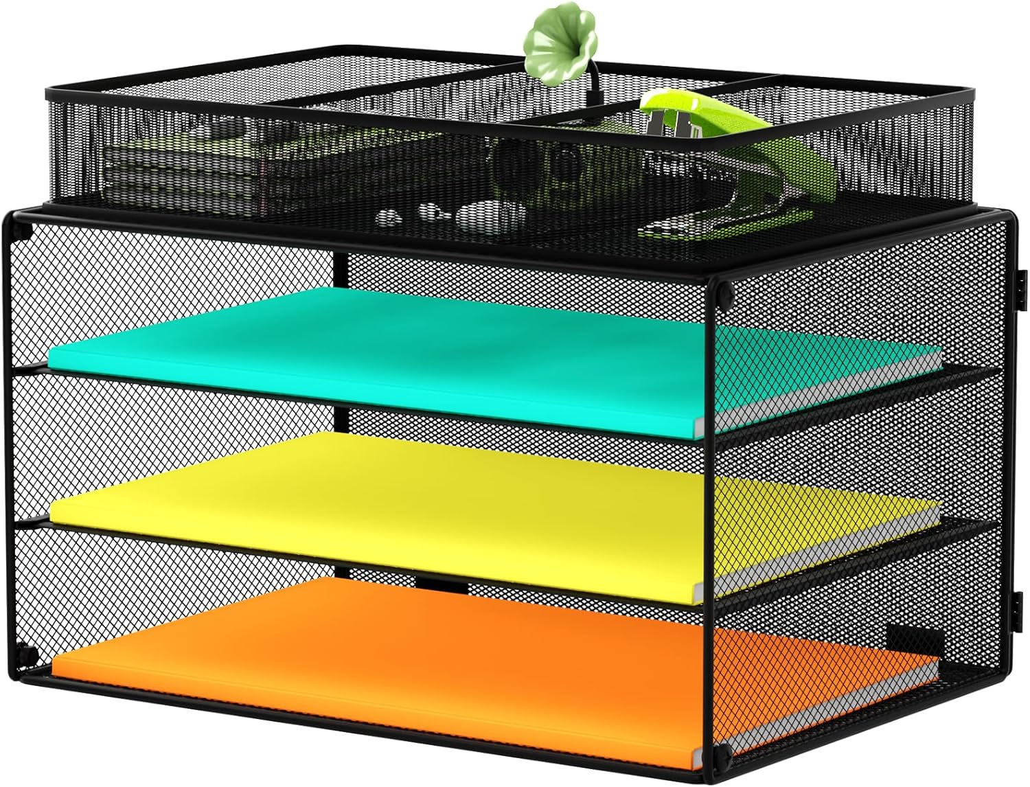 Paper Letter Tray Organizer, 3 Tier Mesh File Tray Desktop Paper Sorter with Drawer, Black