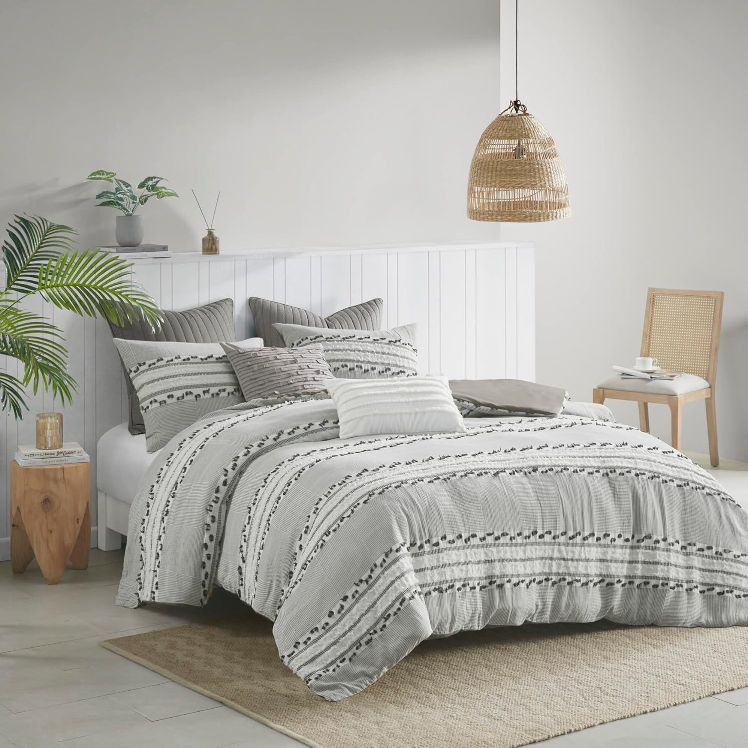 Full/QueenLennon Organic Cotton Jacquard Comforter Set Charcoal Gray: Farmhouse Style, OEKO-TEX Certified, 3-Piece Set