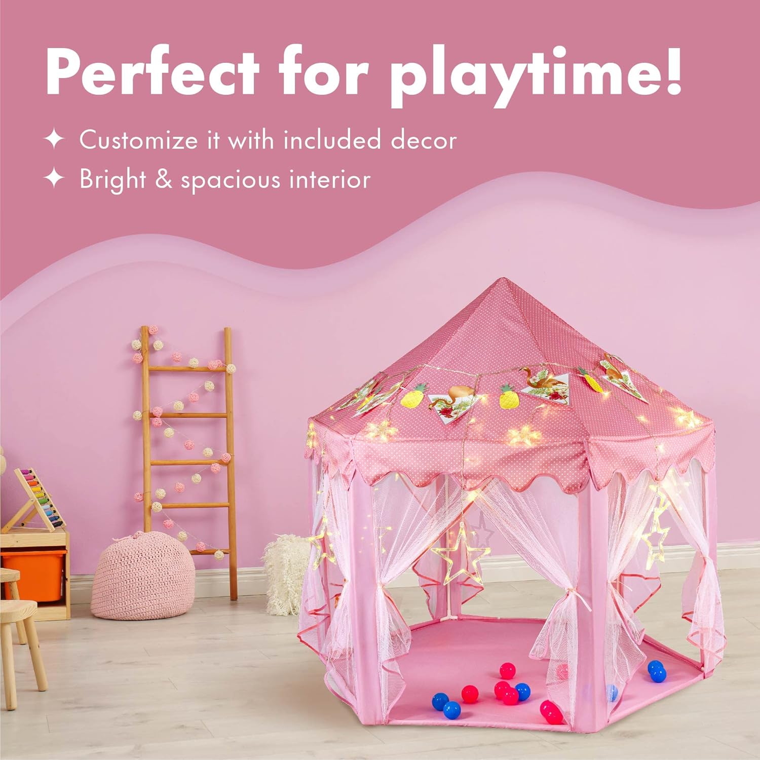 Twinkle Star 55"x 53" Princess Play Castle Tent with Ultra Soft Rug for Girls Playhouse Include Star String Lights and Banners Decor, Princess Tent, Kids Game House for Indoor Outdoor Game, Pink