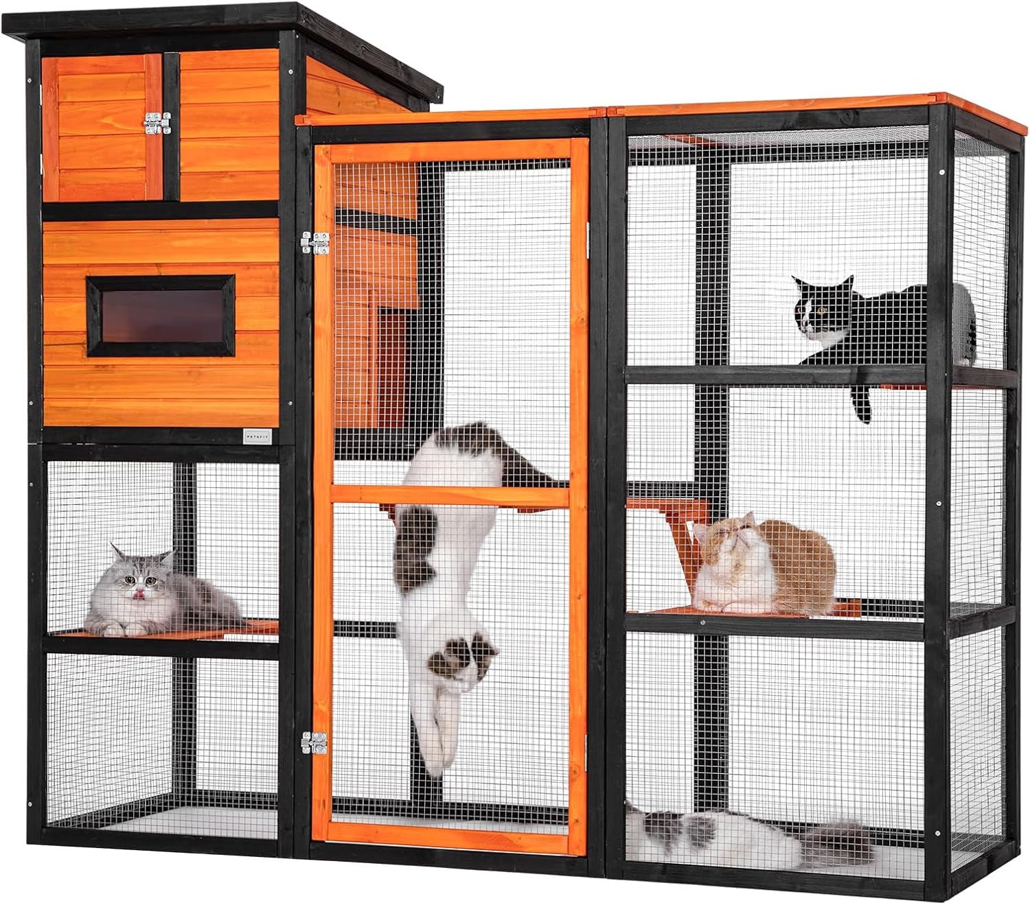 PETSFIT Outdoor Cat Catio 4 Tries, 2 Resting Room, 4 Platforms and Waterproof Roof, Outdoor Cat House ,Orange