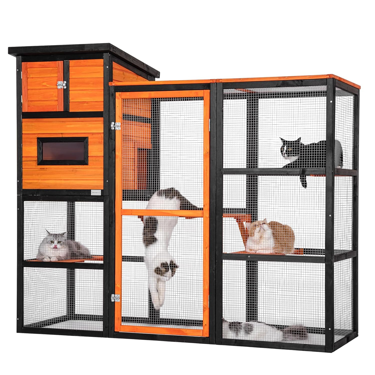 PETSFIT Outdoor Cat Catio 4 Tries, 2 Resting Room, 4 Platforms and Waterproof Roof, Outdoor Cat House ,Orange