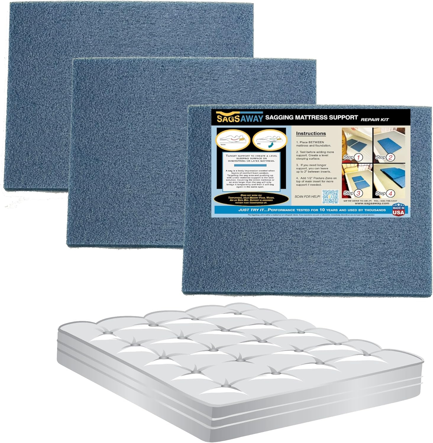 SagsAway Under Mattress 3 Piece Support Kit to Fix Saggy Beds. Firm Foam Sheets Can Be Layered to Repair Any Sagging Twin, Full, Queen or King Innerspring Or Latex Bed Or Bunk Up to 14in Thick