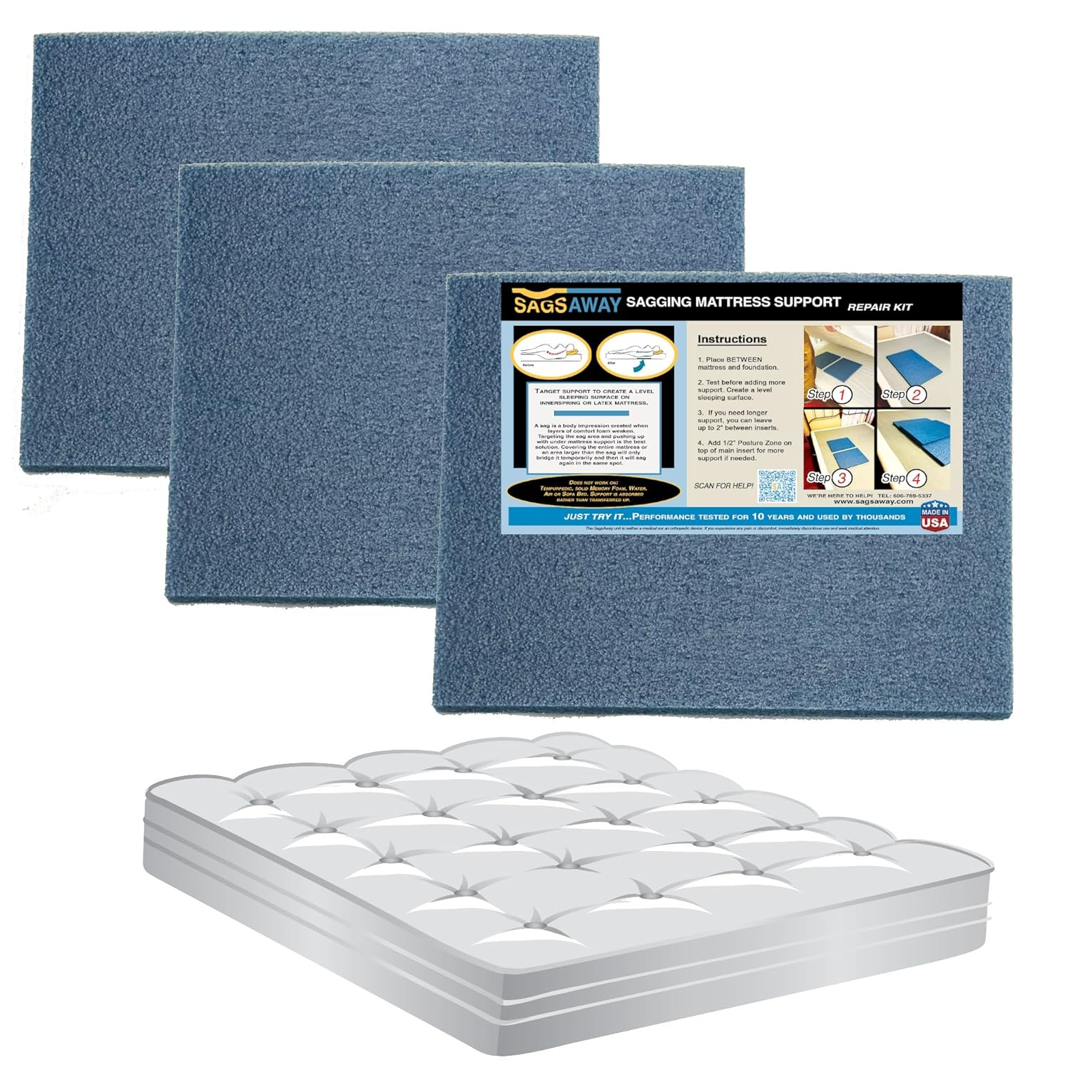 SagsAway Under Mattress 3 Piece Support Kit to Fix Saggy Beds. Firm Foam Sheets Can Be Layered to Repair Any Sagging Twin, Full, Queen or King Innerspring Or Latex Bed Or Bunk Up to 14in Thick