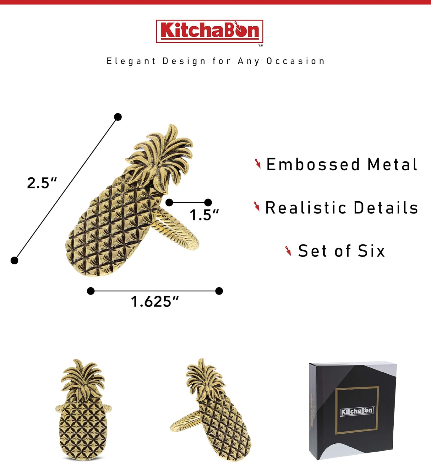 Golden Pineapple Embossed Metal Napkin Rings Set of 6