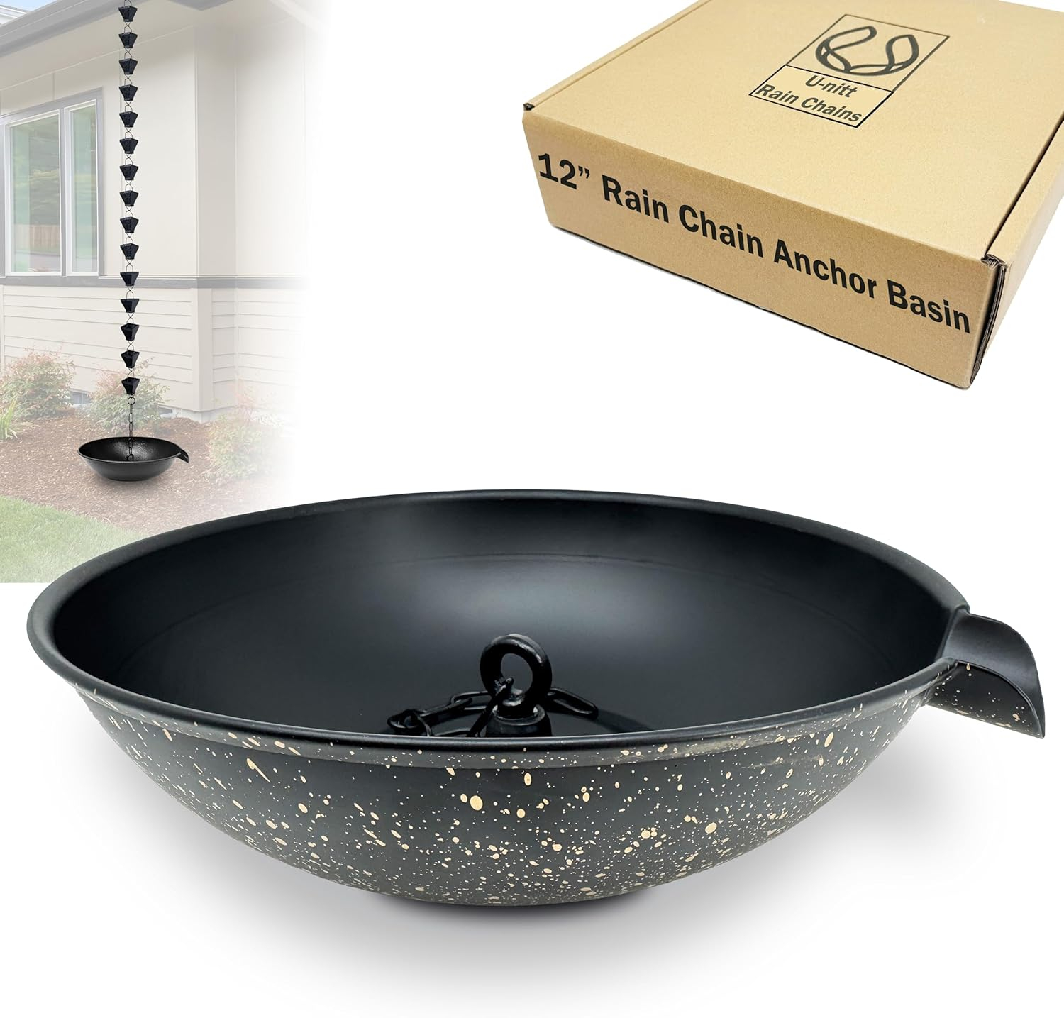 U-nitt 12" Anchoring Basin/Bowl/Dish for Gutter Rain Chain, Spill Bowl for Fountain, with Scupper, Birdbath Alternative, with Attachment Chain, Black Powder Coated with Gold, 972GD