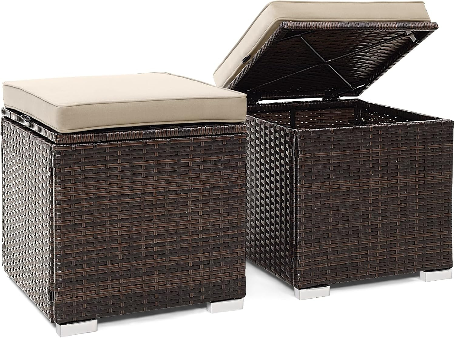 Navy Cushioned PE Rattan Storage Ottomans Set