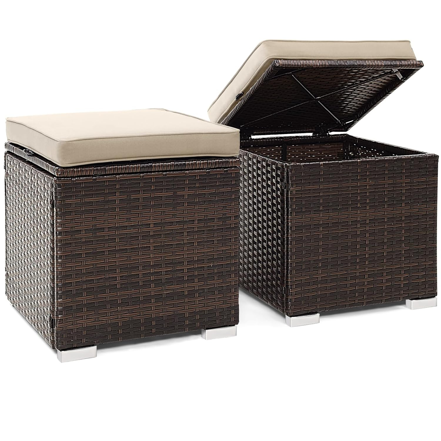 Navy Cushioned PE Rattan Storage Ottomans Set