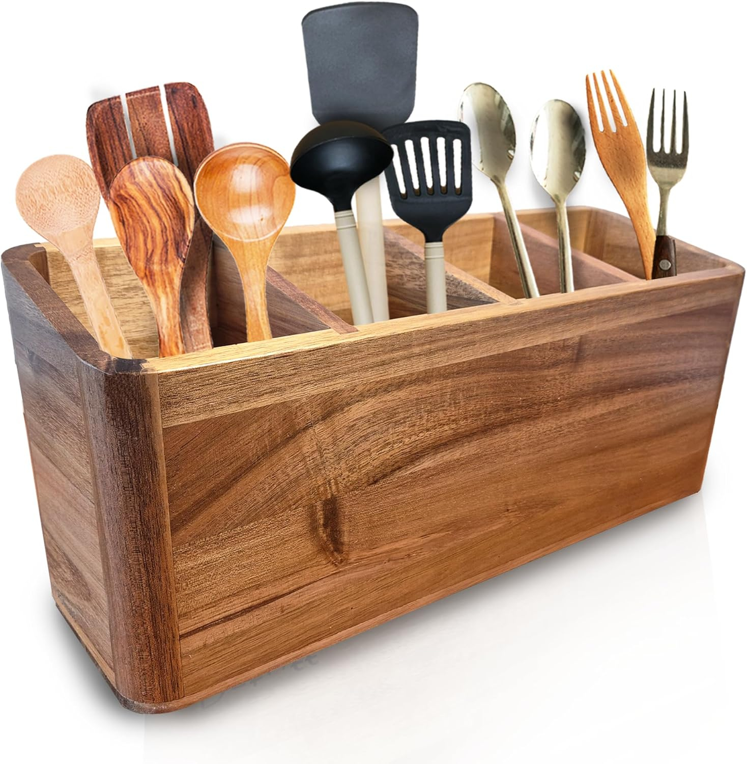 Large Kitchen Utensil Holder Organizer for Counter or Countertop, Large Wooden Utensil Holder for Storage Cooking and Silverware with 3 Compartment, Acacia Rustic Wood Container Extra Large