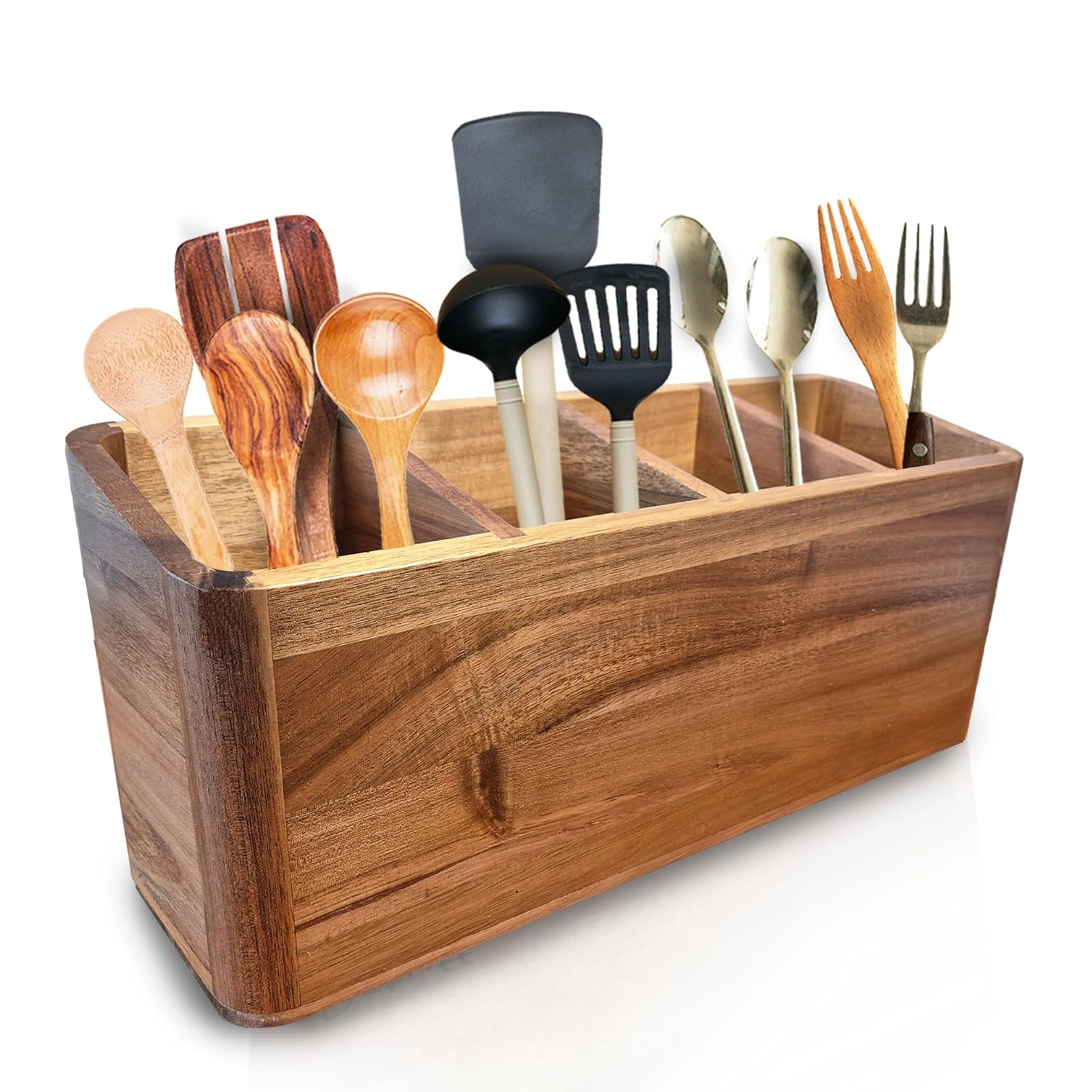 Large Kitchen Utensil Holder Organizer for Counter or Countertop, Large Wooden Utensil Holder for Storage Cooking and Silverware with 3 Compartment, Acacia Rustic Wood Container Extra Large