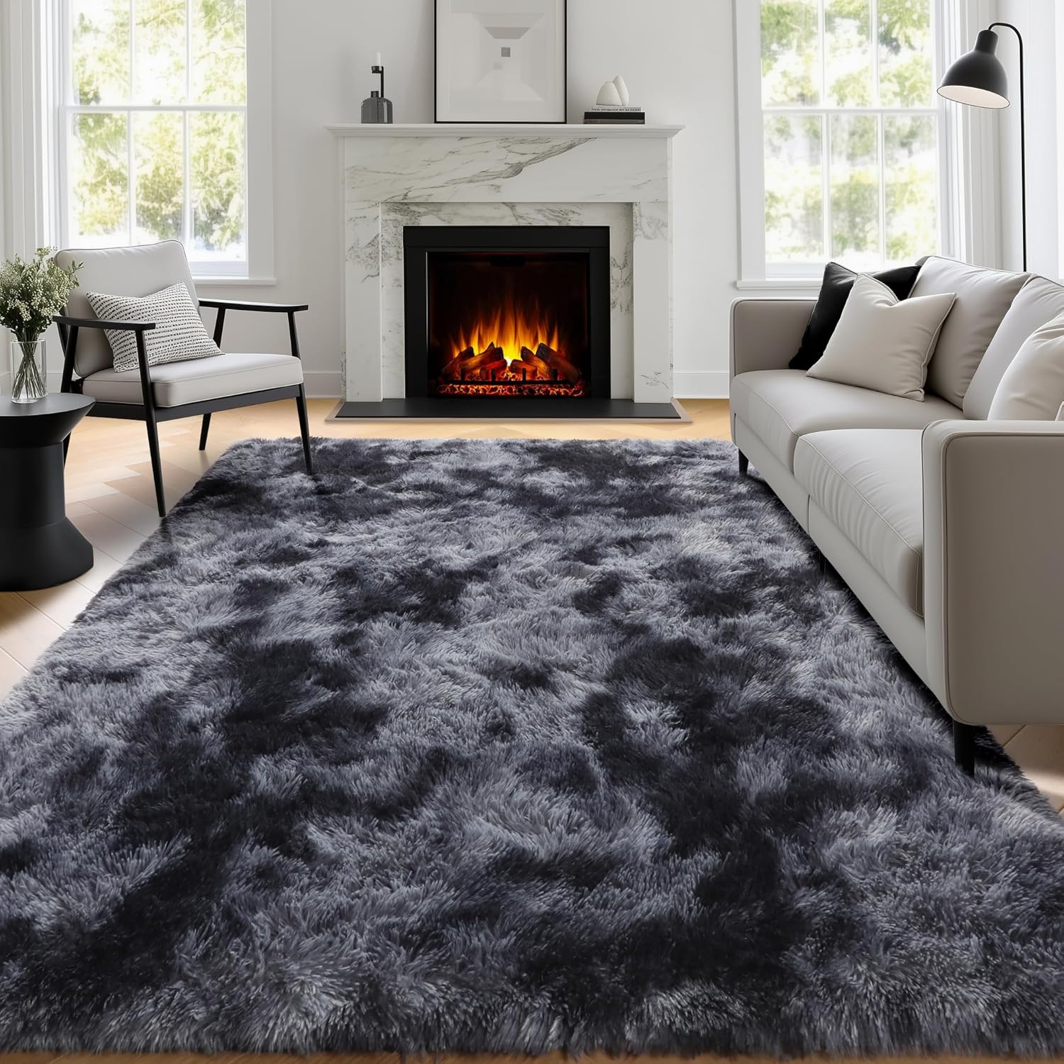 PAGISOFE Abstract Shaggy Area Rug 4' x 6' Plush Furry Rugs for Living Room, Tie-Dyed Dark Grey Soft Fluffy Rugs for Bedroom Grils Boys, Fuzzy Rugs for Nursery, Dorm. Shag Carpet for Kids Room Decor
