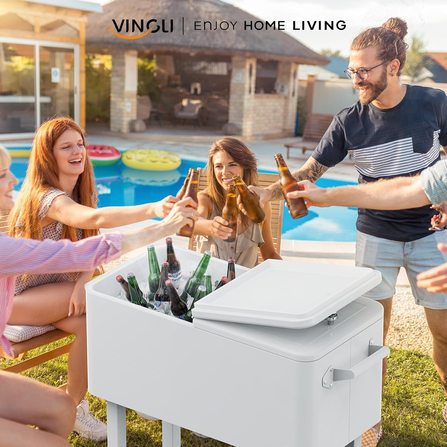 White Iron Rolling Cooler Cart with Shelf and Bottle Opener