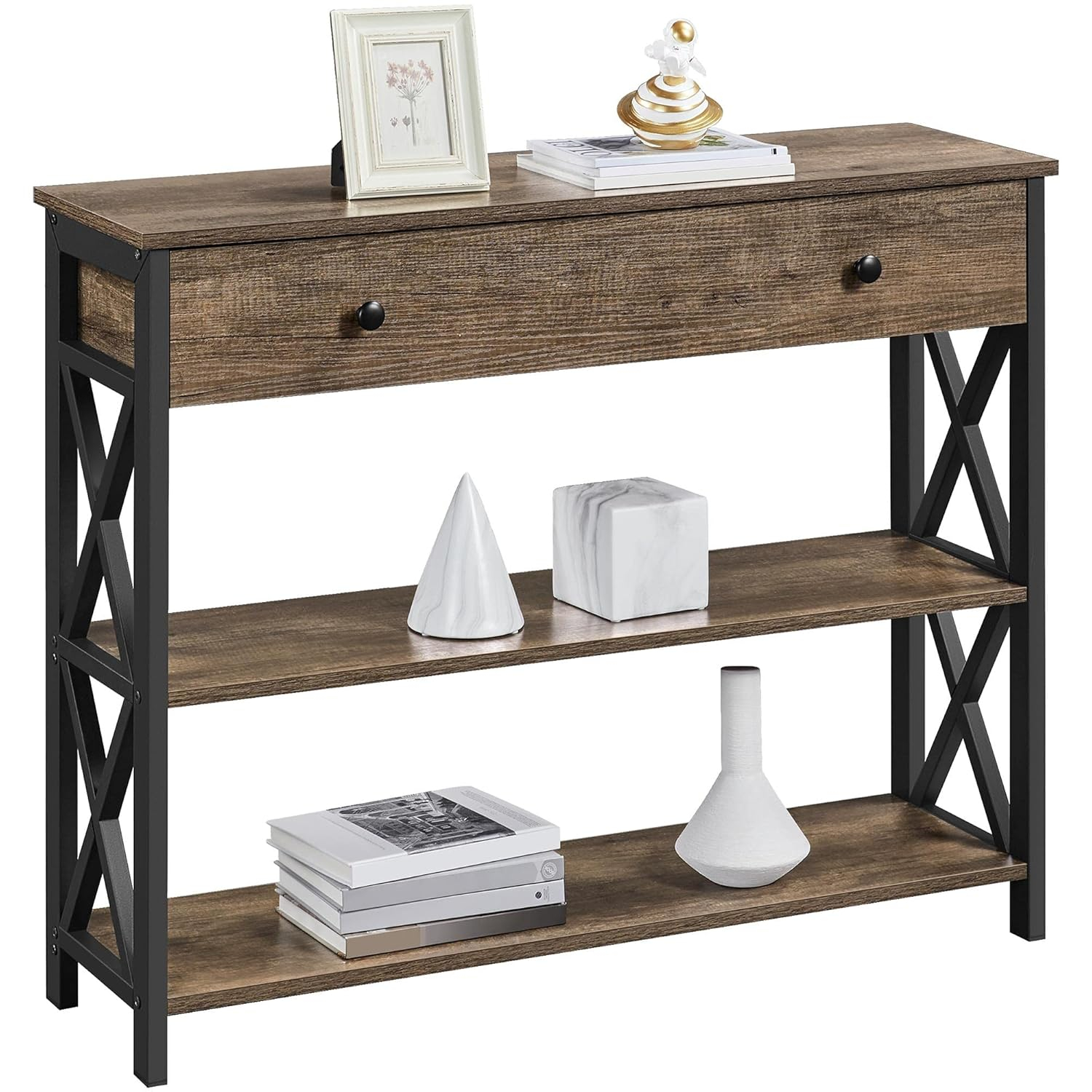 Yaheetech Console Table with Drawer and 2 Open Storage Shelves, Sofa Table for Living Room, 3-Tier Narrow Entryway Table, X-Shaped Design, Taupe Wood