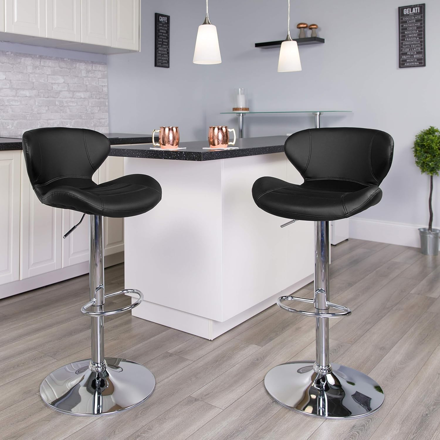 Flash Furniture Contemporary Brown Vinyl Adjustable Height Barstool with Curved Back and Chrome Base
