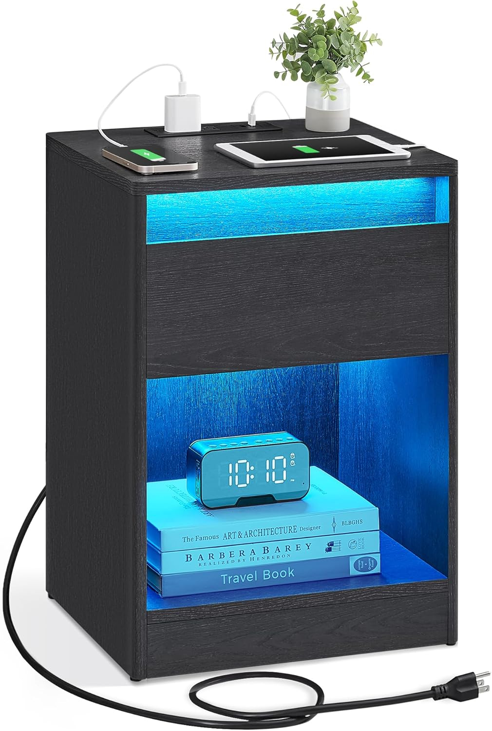 LED Nightstand with Charging Station Bedside Table with Drawer 2 AC Outlets 2 USB Ports Modern for Bedroom Living Room 13.7" D x 15.7" W x 21.7" H Black