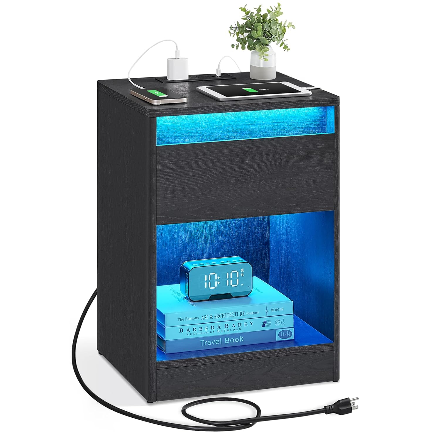LED Nightstand with Charging Station Bedside Table with Drawer 2 AC Outlets 2 USB Ports Modern for Bedroom Living Room 13.7" D x 15.7" W x 21.7" H Black