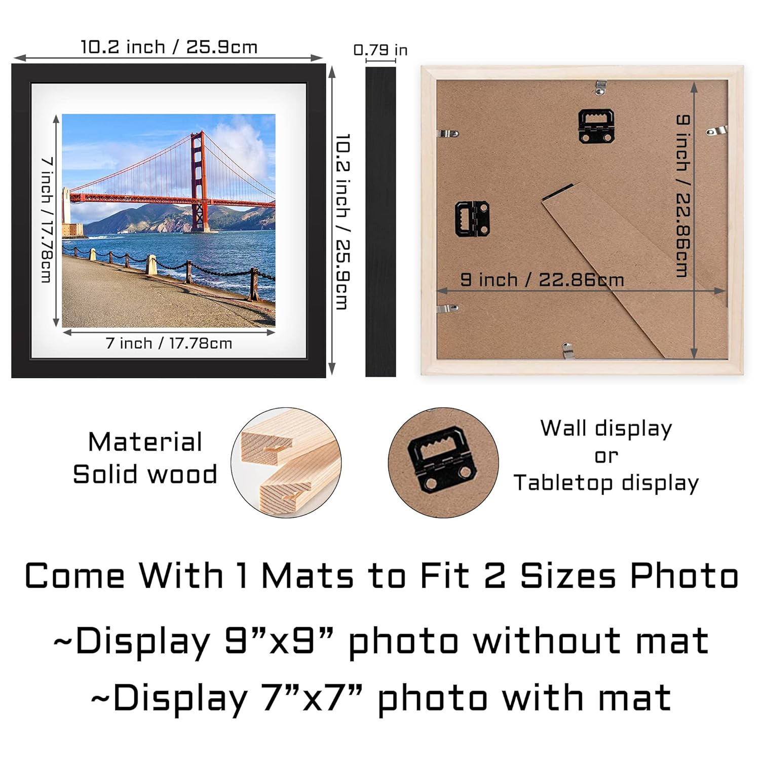 9x9 inch Wood Picture Frame for Wall Hanging or Tabletop Square Photo Frames with 1 Mats Display 7x7 inch for Baby Scan,Poster,Walls Decoration,Anniversary,Wedding,Christmas,Diamond Painting(Black)