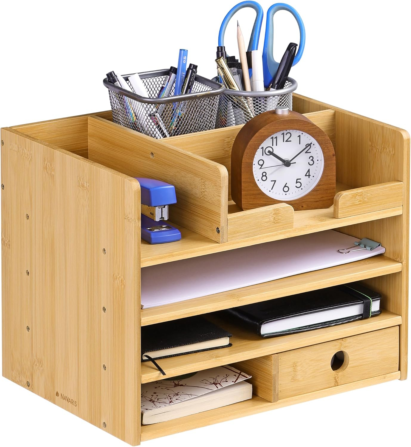 Navaris Bamboo Desk Organizer - Wood Desktop Storage Drawers and Compartments for Organizing Stationery, Documents, Files, Office Accessories
