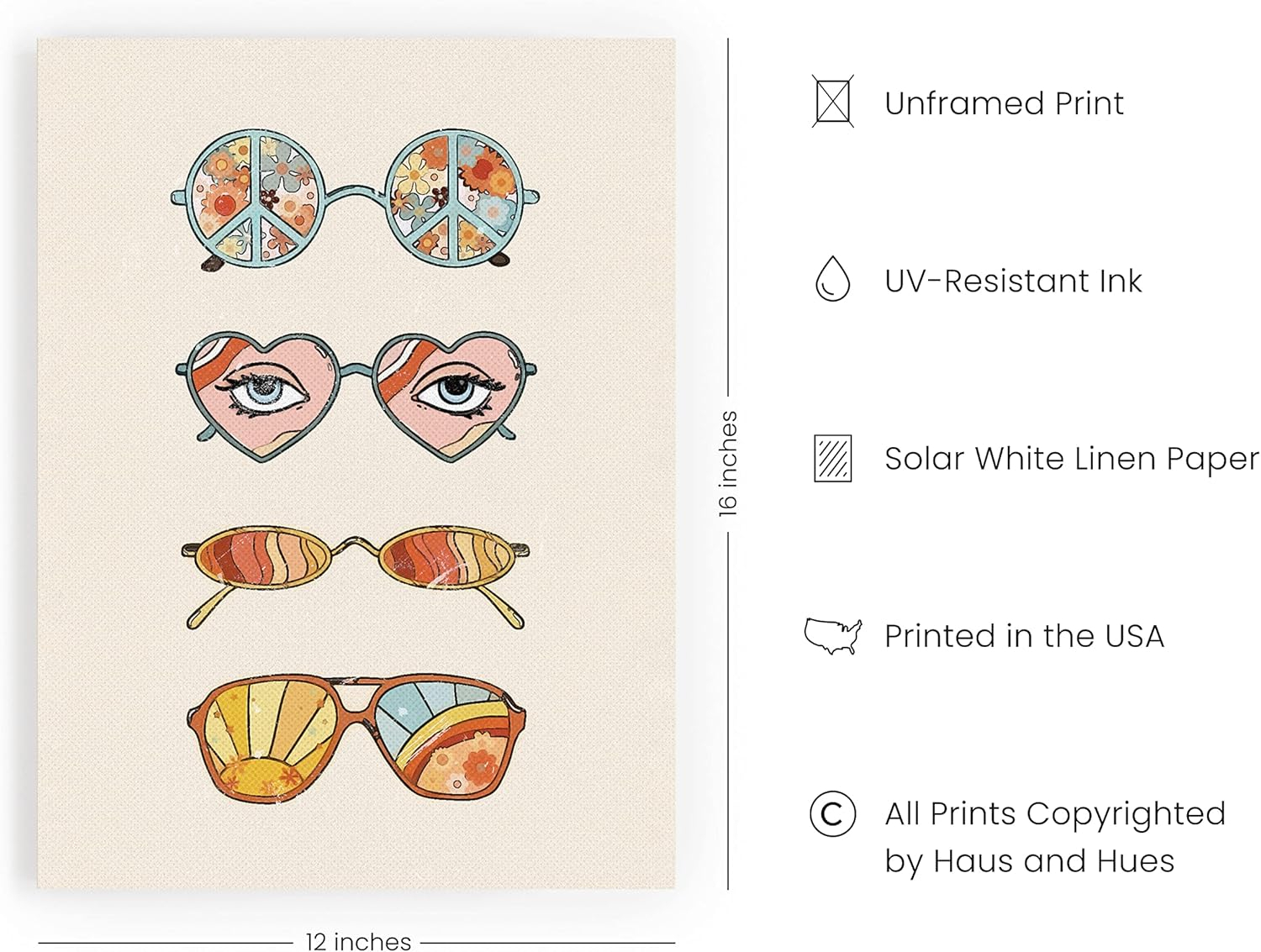 HAUS AND HUES Sunglasses Art Poster for Teen Girls Room - Retro Indie Aesthetic Trippy Wall Art | UNFRAMED 12"x16" (Hippie Sunglasses)