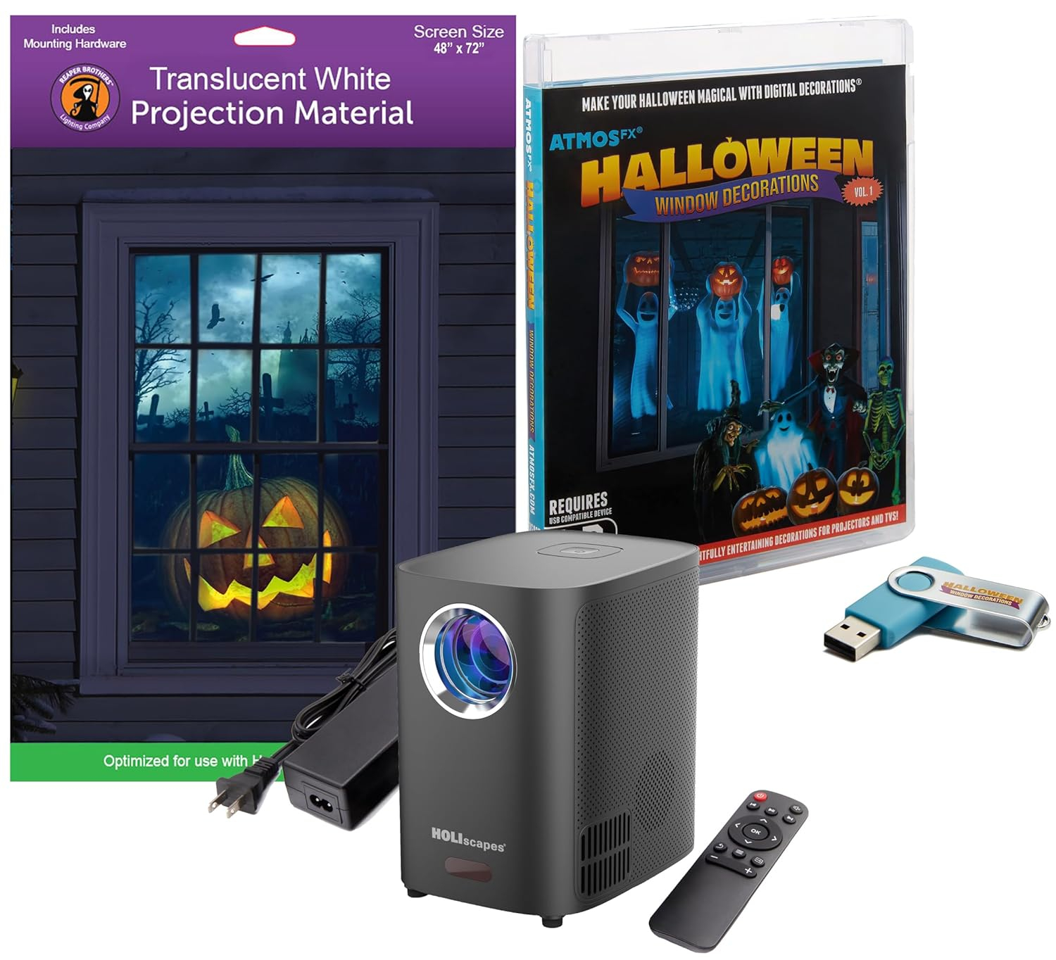 Halloween Digital Decoration Kit Includes 8 AtmosFX Video Effects for Halloween Plus HD Super Bright Projector and 48” x 72” Holographic Projection Screen
