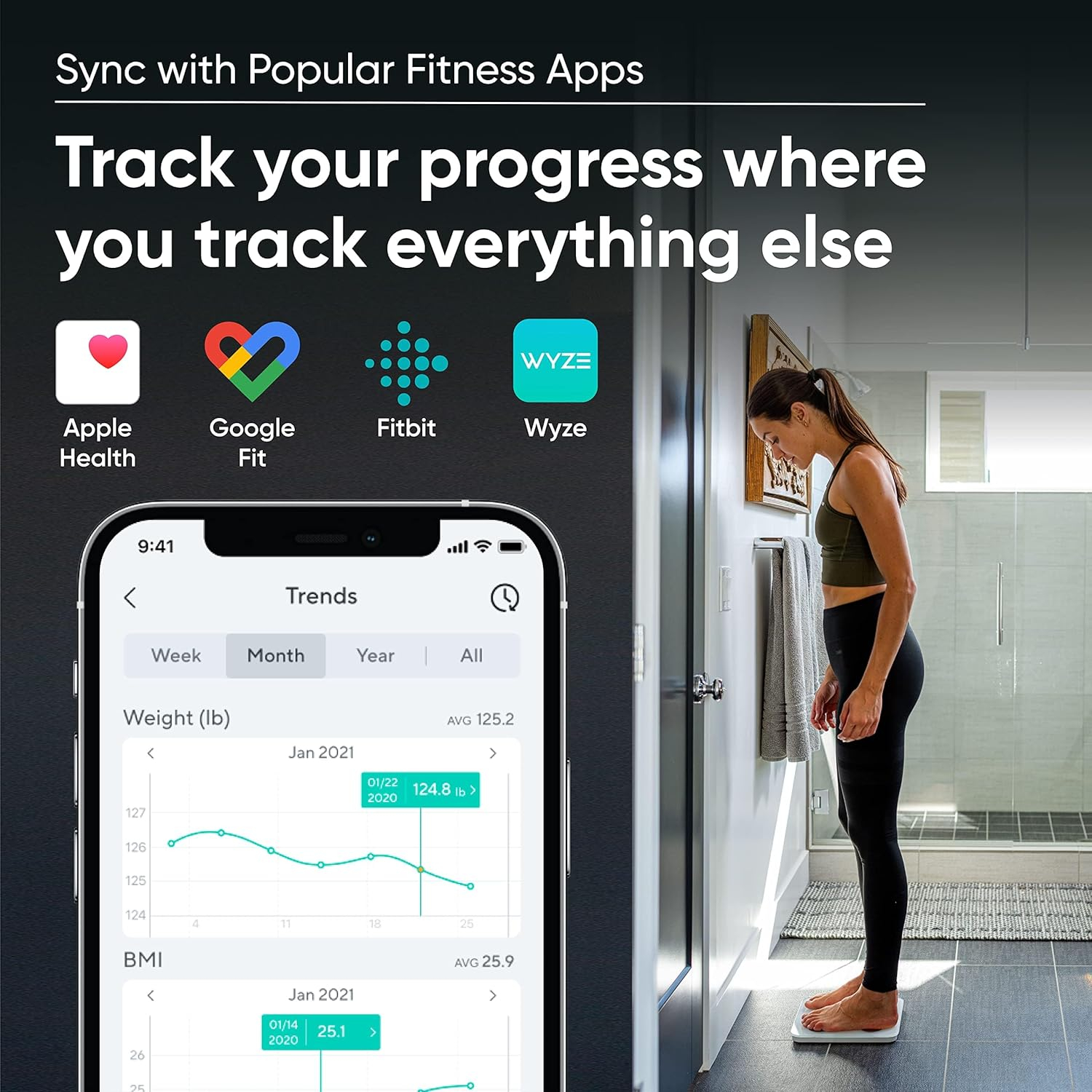 Wyze Scale S, Scale for Body Weight, Digital Bathroom Scale for Body Fat, BMI, Muscle, and Heart Rate, Body Composition Analyzer with App, Batteries Included, Bluetooth, 400 lb, Black
