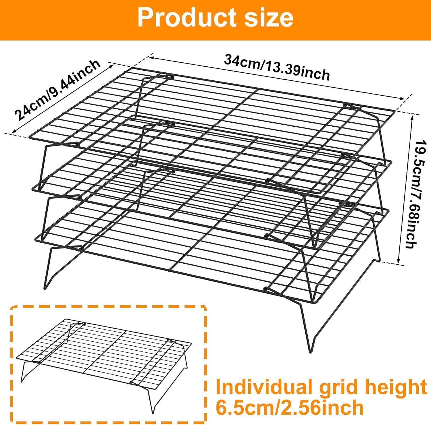 Duslogis 3-Tier Cooling Rack for Cookies, Cake and More, Stackable Non-Stick Baking Cooking Cooling Racks for Cooling Roasting Grilling, Black