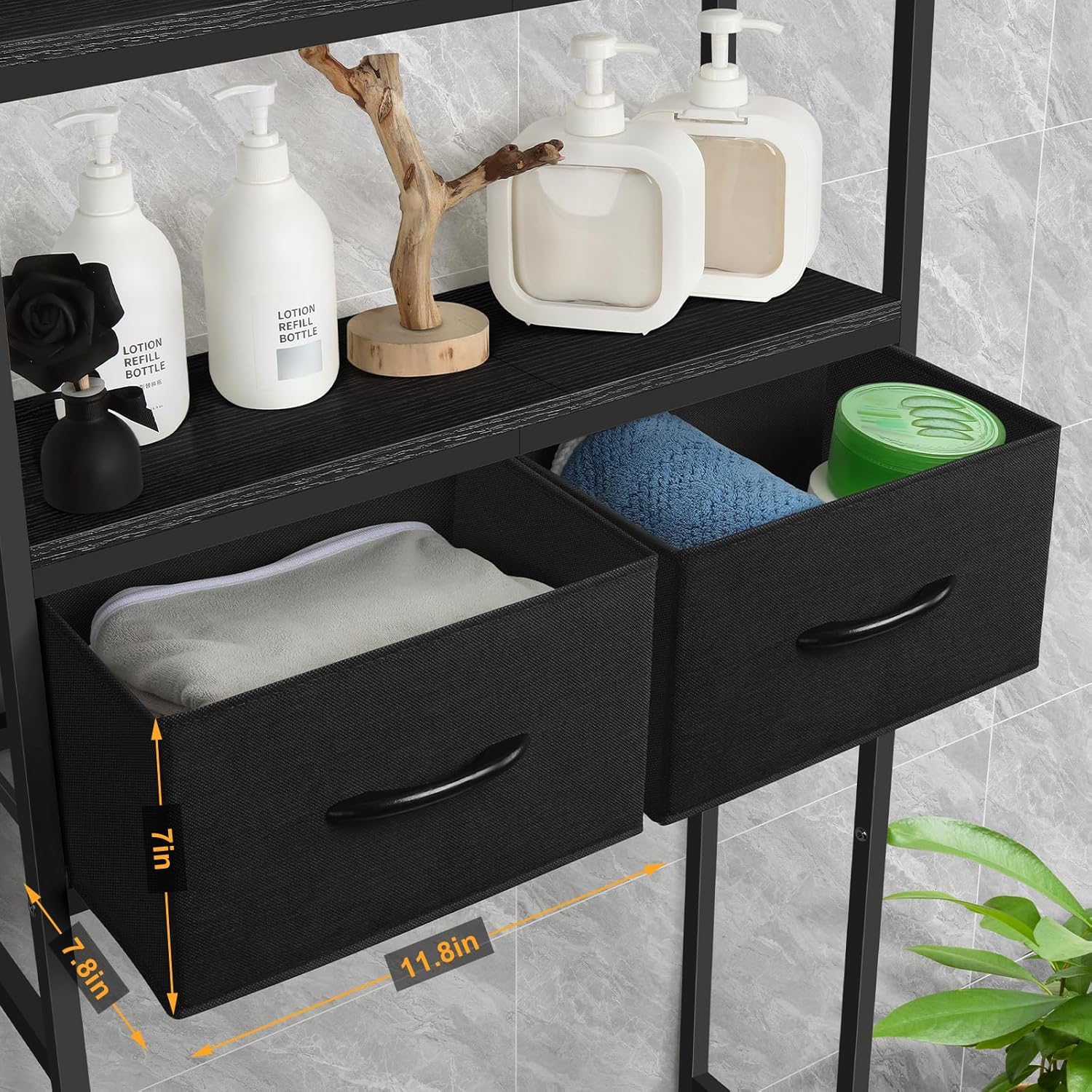 ETELI Over The Toilet Storage Cabinet with Fabric Drawers 3 Tier Freestanding Bathroom Shelf Over Toilet Space Saving Behind Toilet Bathroom Organizer Black