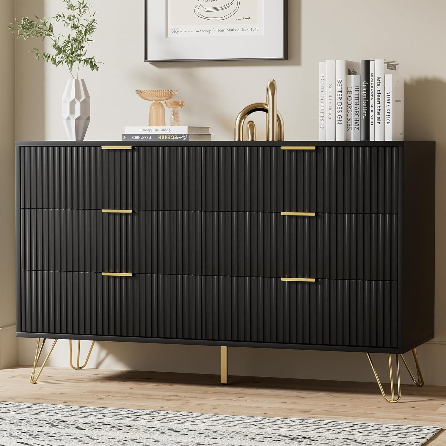 Black Dresser, Modern 6-Drawer Dresser for Bedroom with Gold Handles, Wide Chest of Drawers for Living Room
