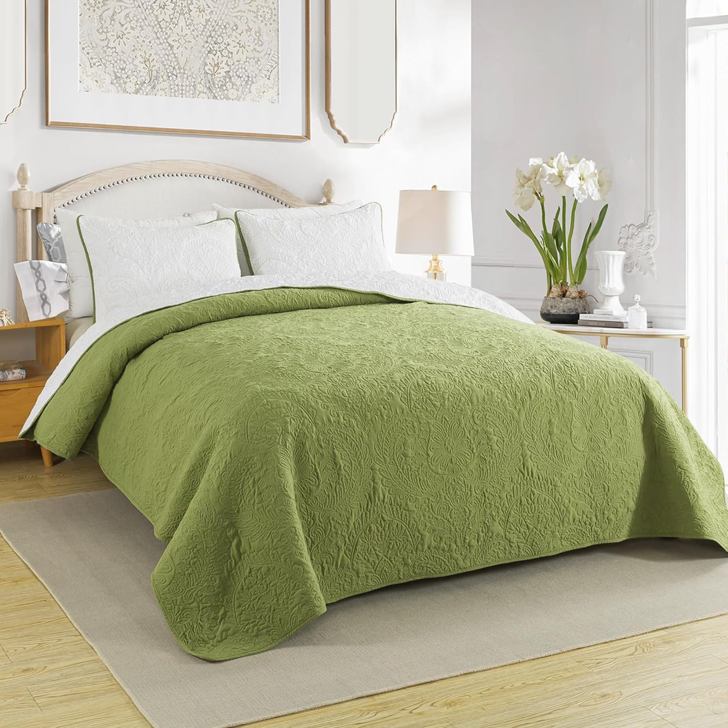 Travan Ultra Soft Fade Resistant Bedspread with 1 Quilt Set and 2 Shams, Queen Quilt Bedding Set for All Season, Curling Grass