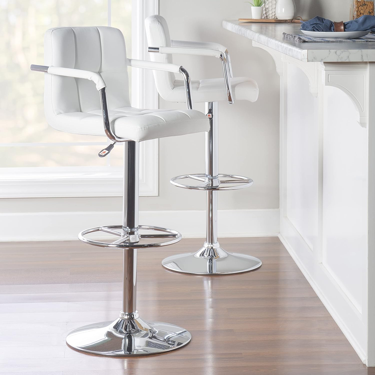 Linon White Quilted Faux Leather Gas-Lift Adjustable Swivel Bar Stool in Chrome
