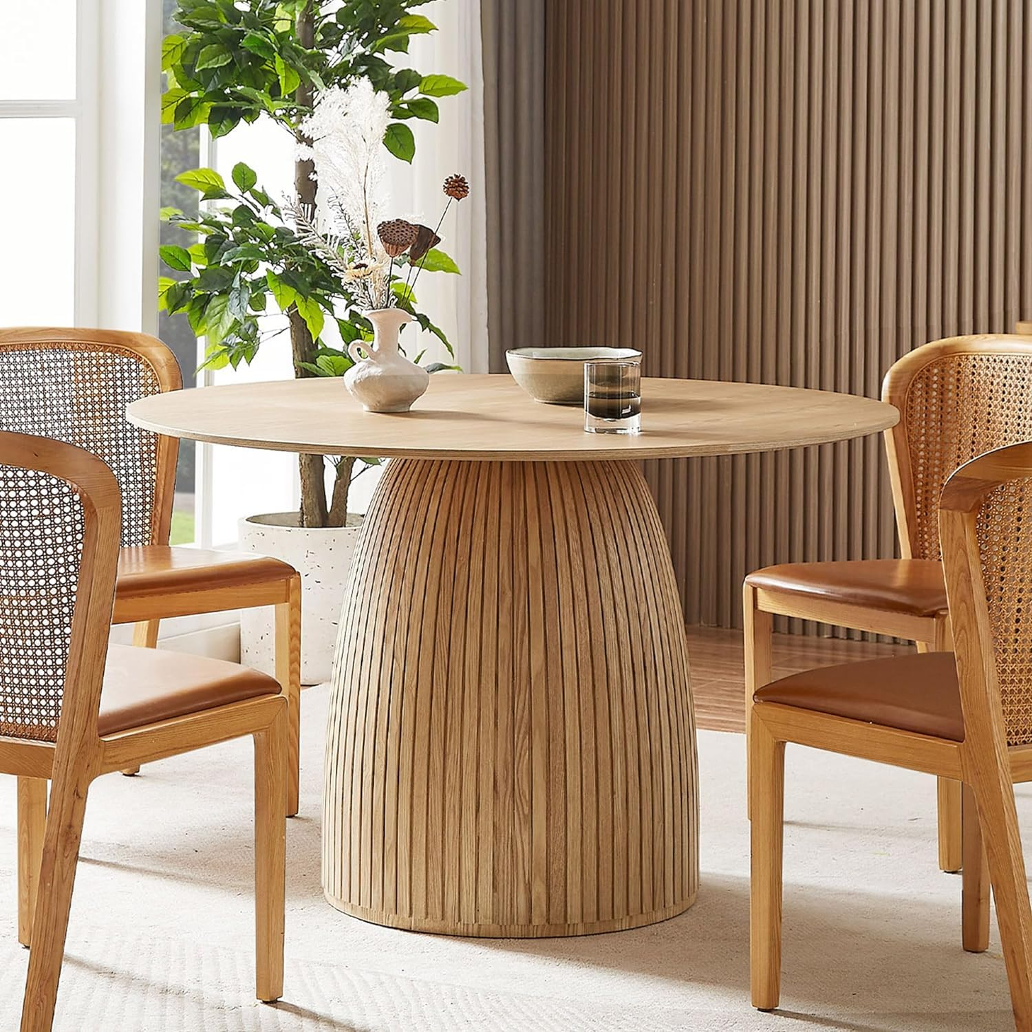 Round Dining Table for 4 to 6, 47.24" Modern Wood Kitchen Table Mid Century Circular Tabletop Curved Base Restaurant Furniture for Dining Room Kitchen Leisure Coffee Table, Oak