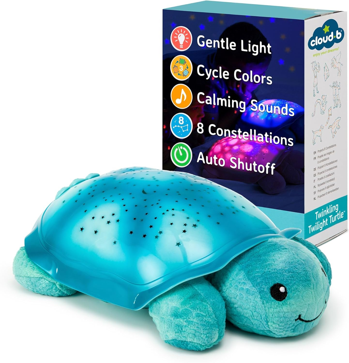 Aqua Plush Turtle Night Light with Star Projector and Soothing Sounds