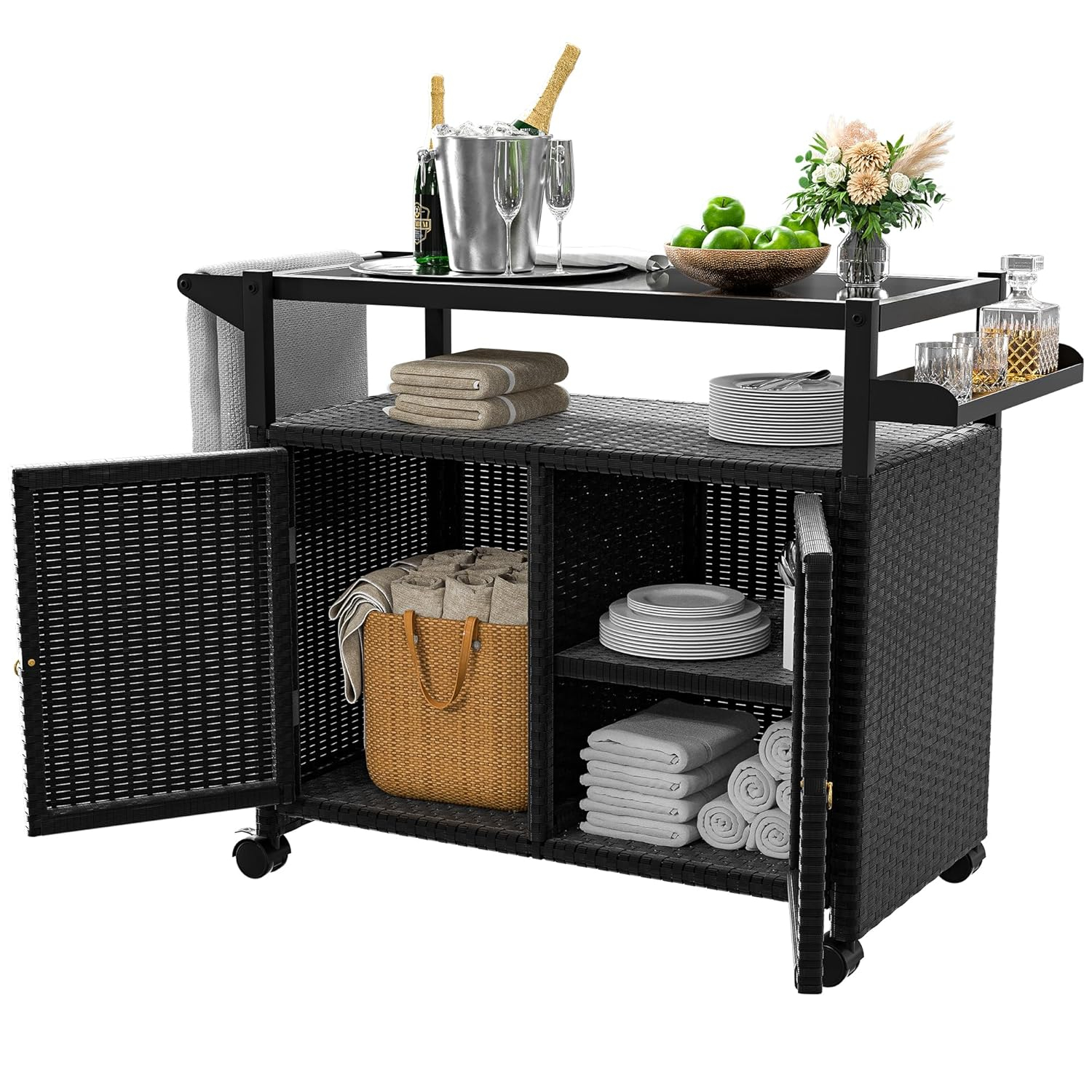 Xilingol Outdoor Bar Table, Wicker Bar Cart with Cabinet, Patio Serving Cart with Tempered Glass Top, Lockable Wheels, Rounded Handle & Side Basket for Garden, Poolside & Backyard, Black