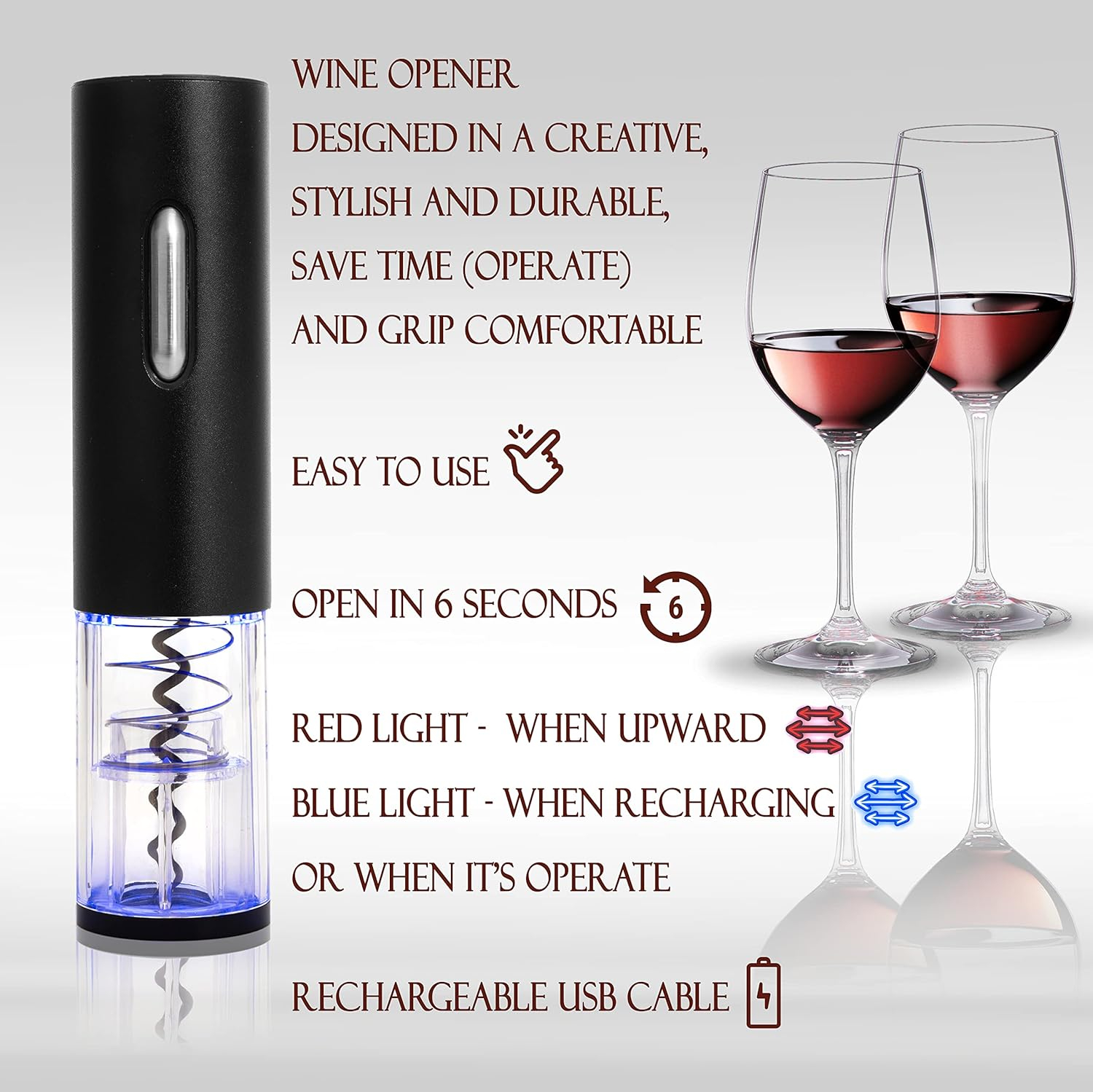 Black Stainless Steel Electric Wine Opener Set with USB Charging