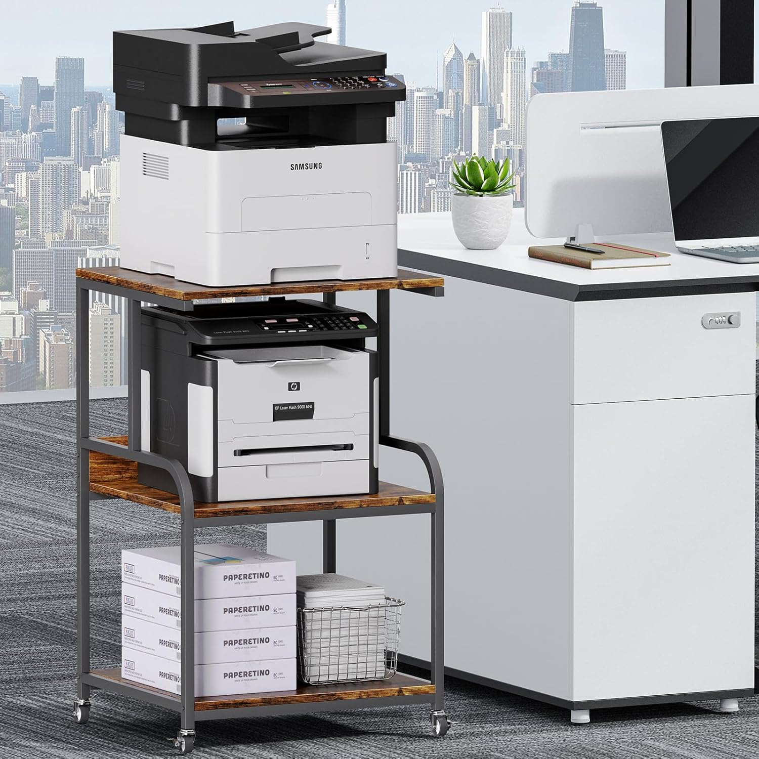 EasyCom 20''x15.7''Large Printer Stand-3 Tier Printer Table with Wheels- Printer Storage Cart- Rolling Printer Cart with Storage Shelf for Printer Scanner Fax Home Office Use- Rustic Brown