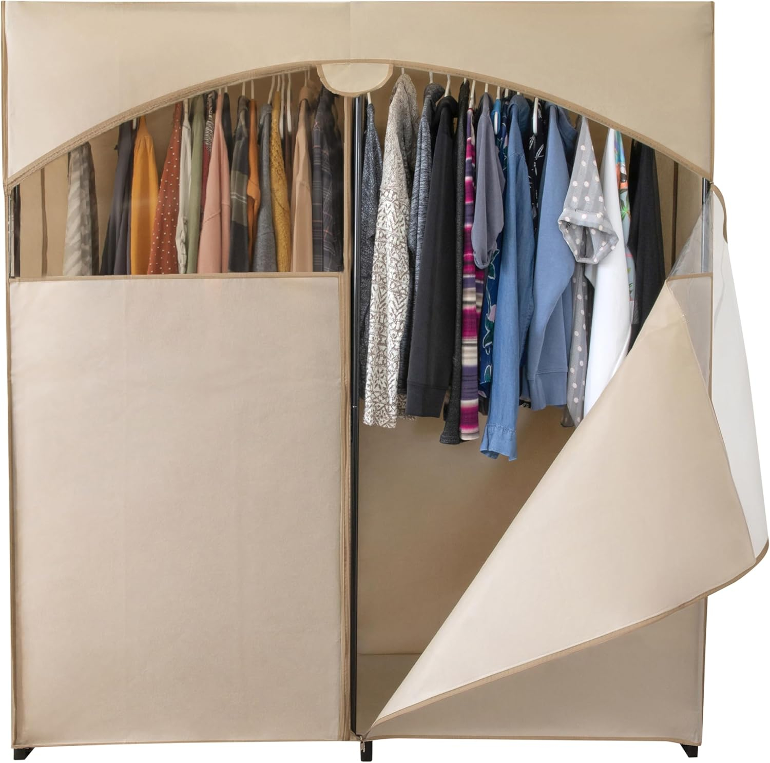 HOLDN’ STORAGE Portable Wardrobe Closet, Large - Premium Heavy Duty Metal Hanging Rod with Black Cover- 50 Lb. Weight Capacity- Super Easy Assembly, No Tools Required