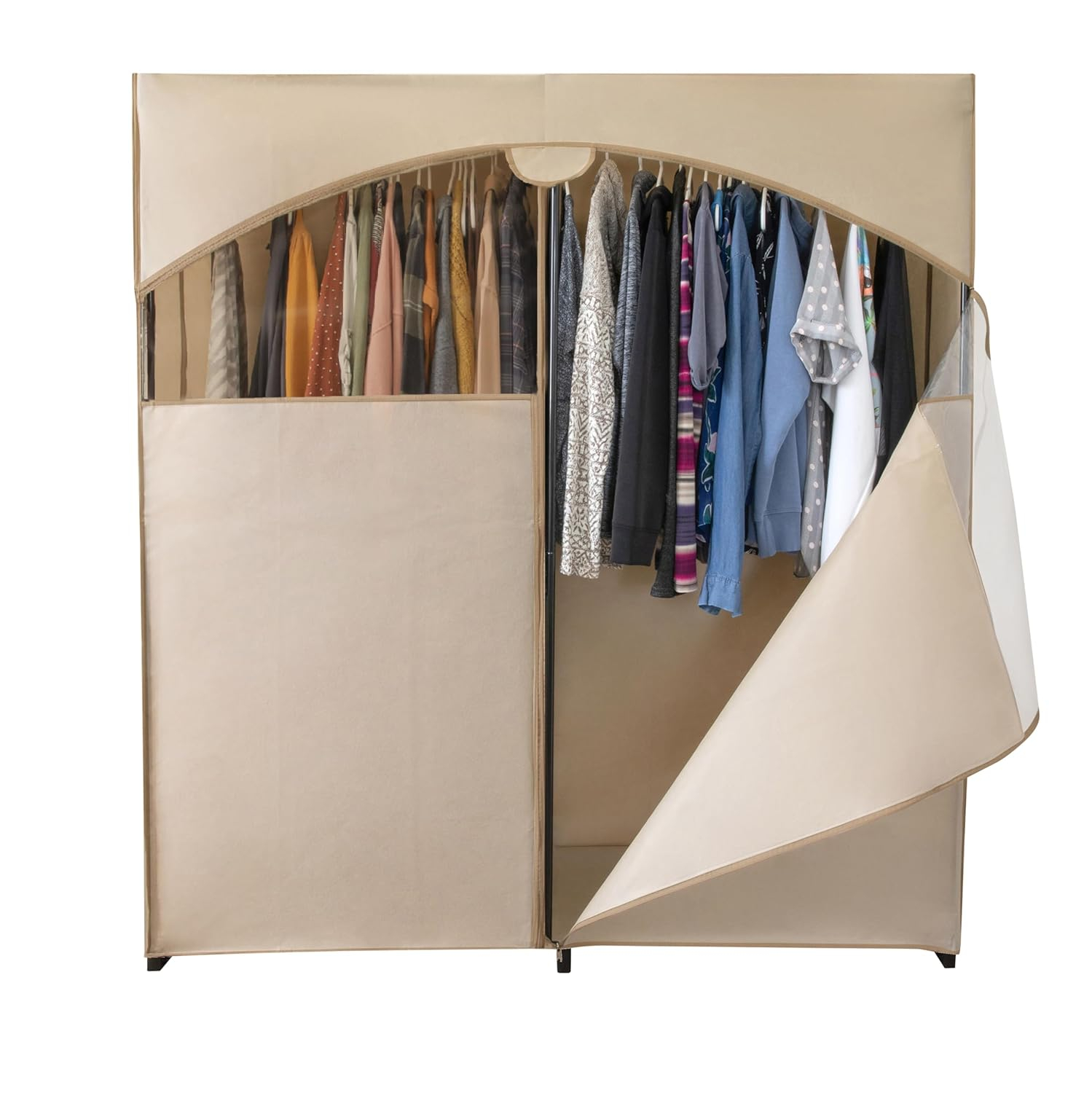 HOLDN’ STORAGE Portable Wardrobe Closet - 65 lb Large Capacity, Internal Heavy Duty Metal Rod, Zipper & Clear Window, Durable Clothes Organizer, Tool-Free Easy Assembly, Black Canvas Cover