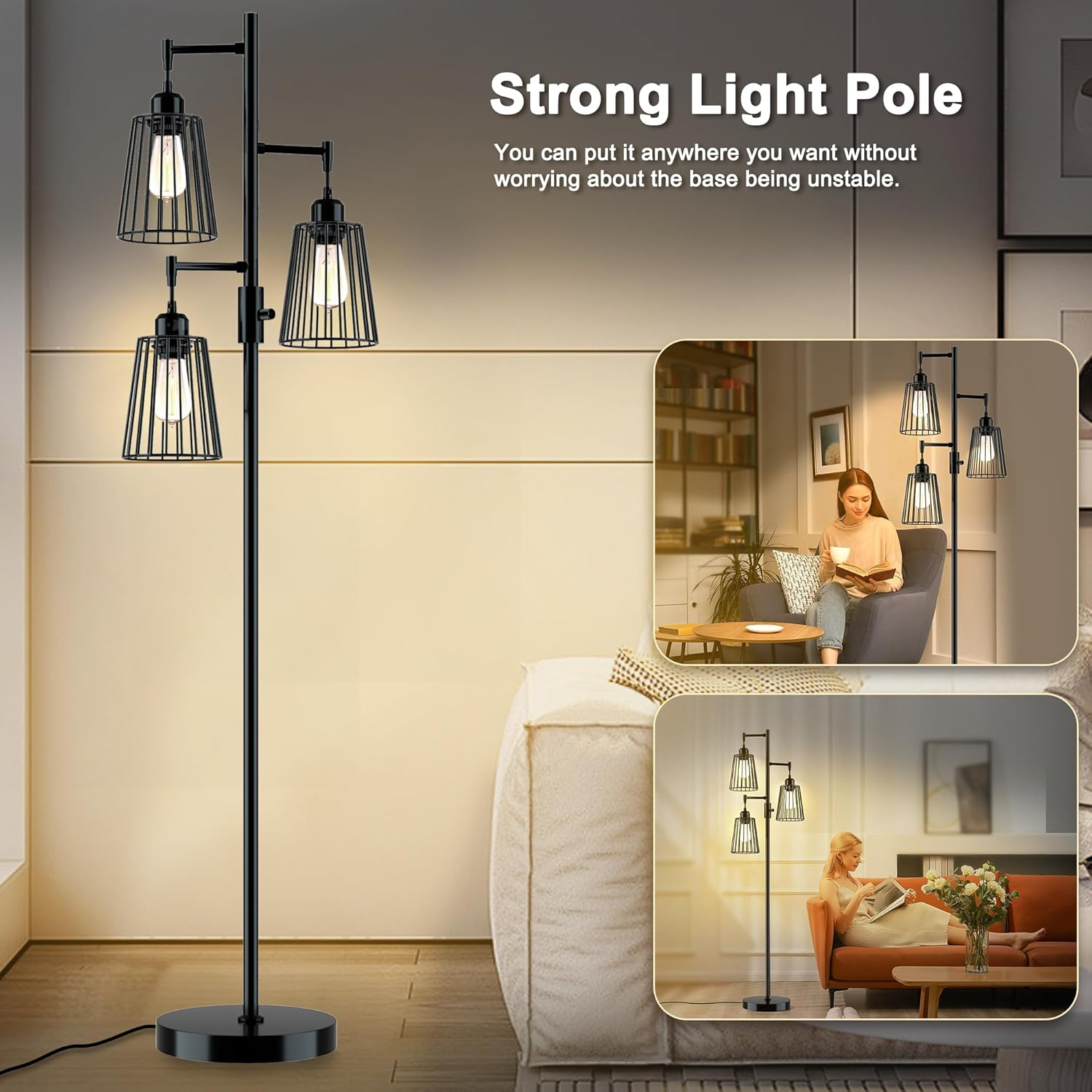COFF Industrial Floor Lamp, 3 x 1200LM Edison LED Bulbs Included, Bright 3-Light Dimmable Floor Lamp, Farmhouse Tall Standing Lamp for Living Room, Bedroom Office Rustic Home Decor (Matte Black)