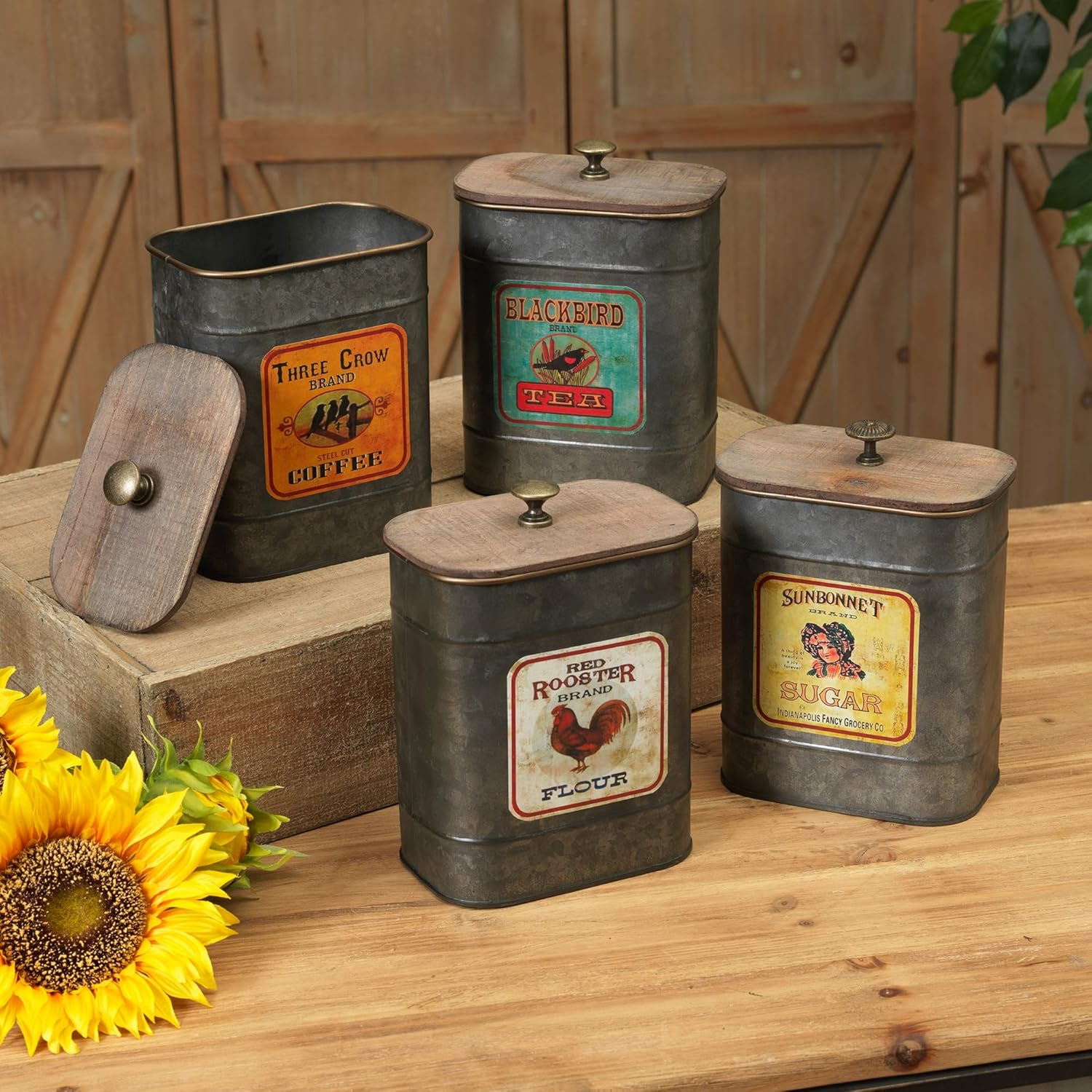Set of 4 Large Vintage Antique Galvanized Metal Kitchen Canisters with Wood Lids Sugar Tea Coffee and Flour