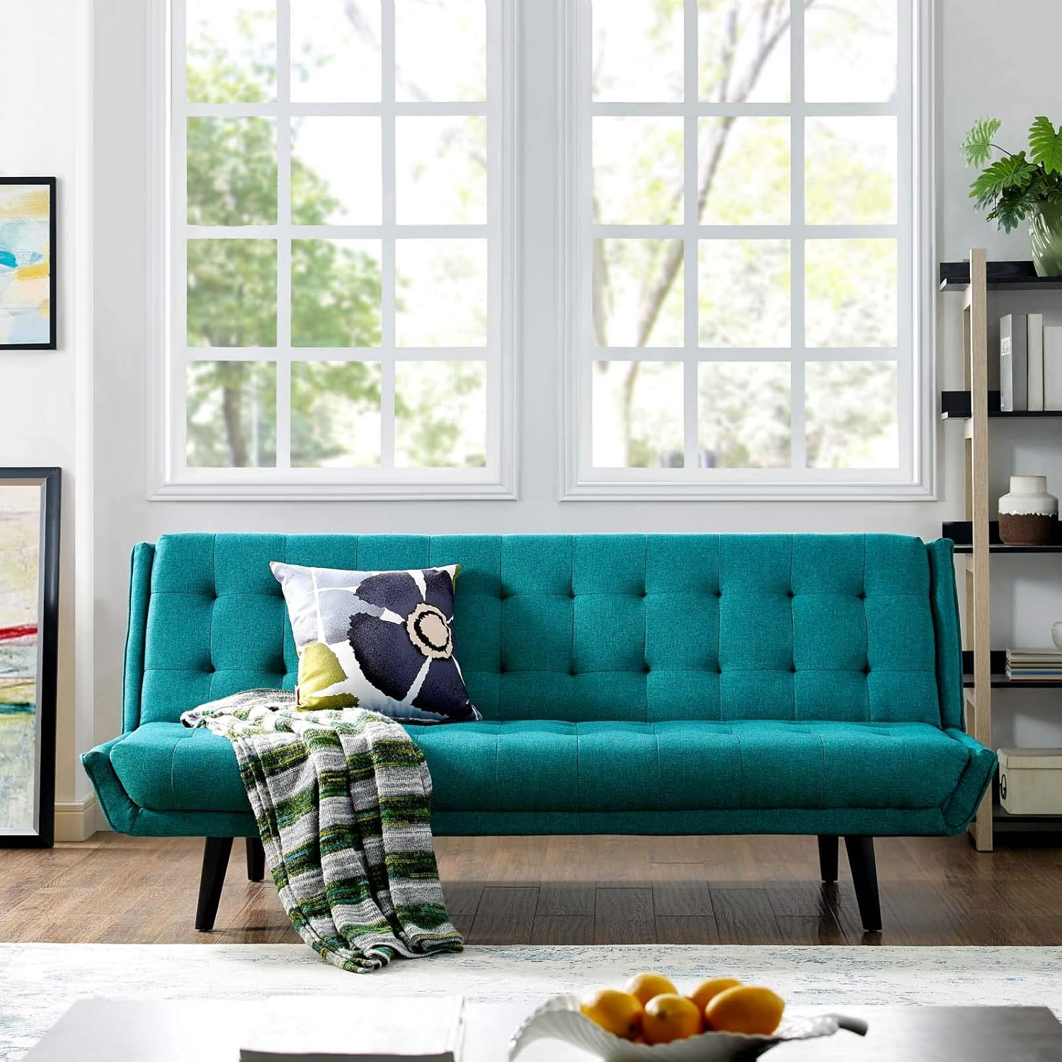 Modway Glance Tufted Convertible Fabric & Wood Sofa Bed in Azure and Black