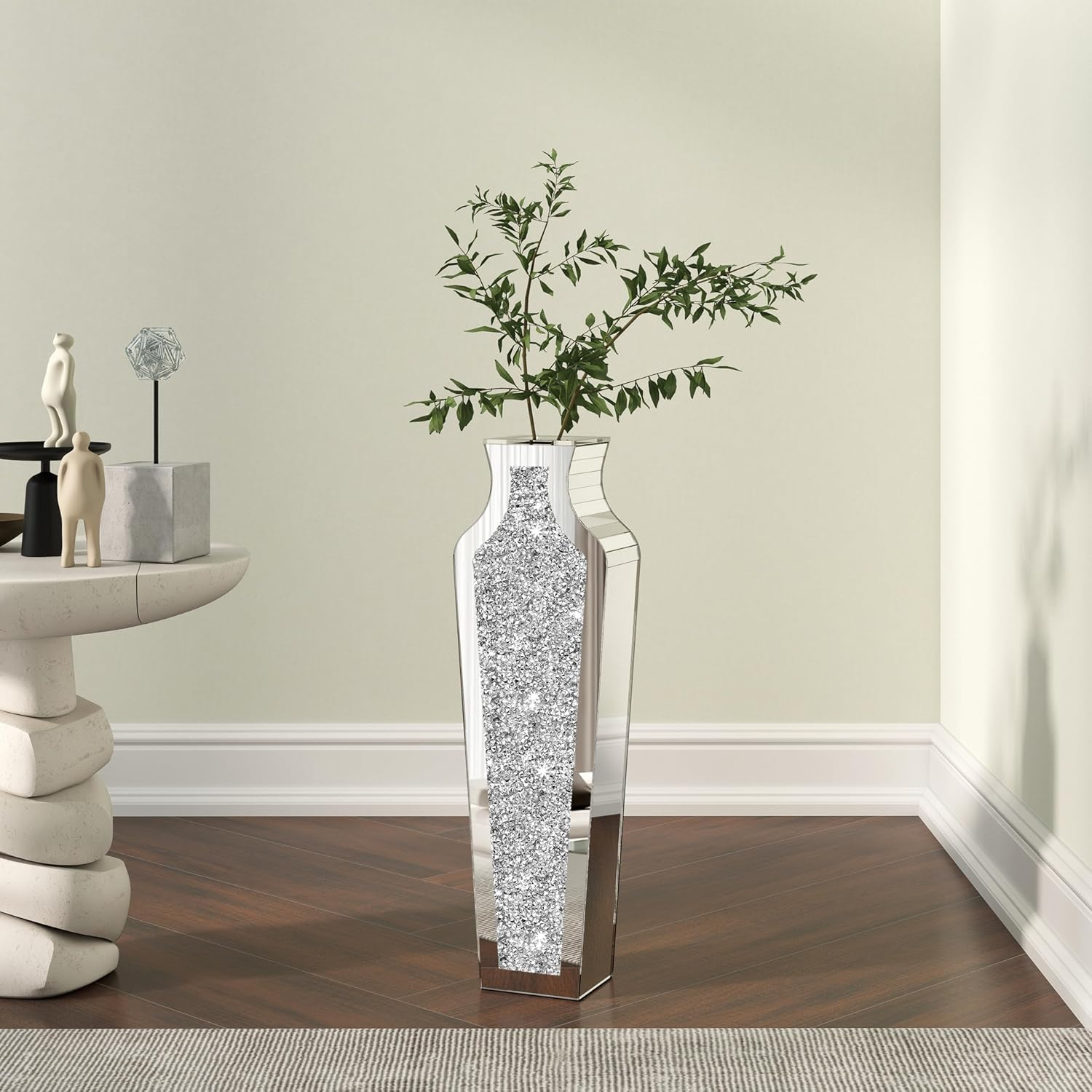 SHYFOY 18" Silver Floor Vase Crushed Diamond Mirrored Vase for Decor Living Room Floor, Crystal Mirrored Luxury Container for Dried Flower Arrangements Decor, Can’t Hold Water