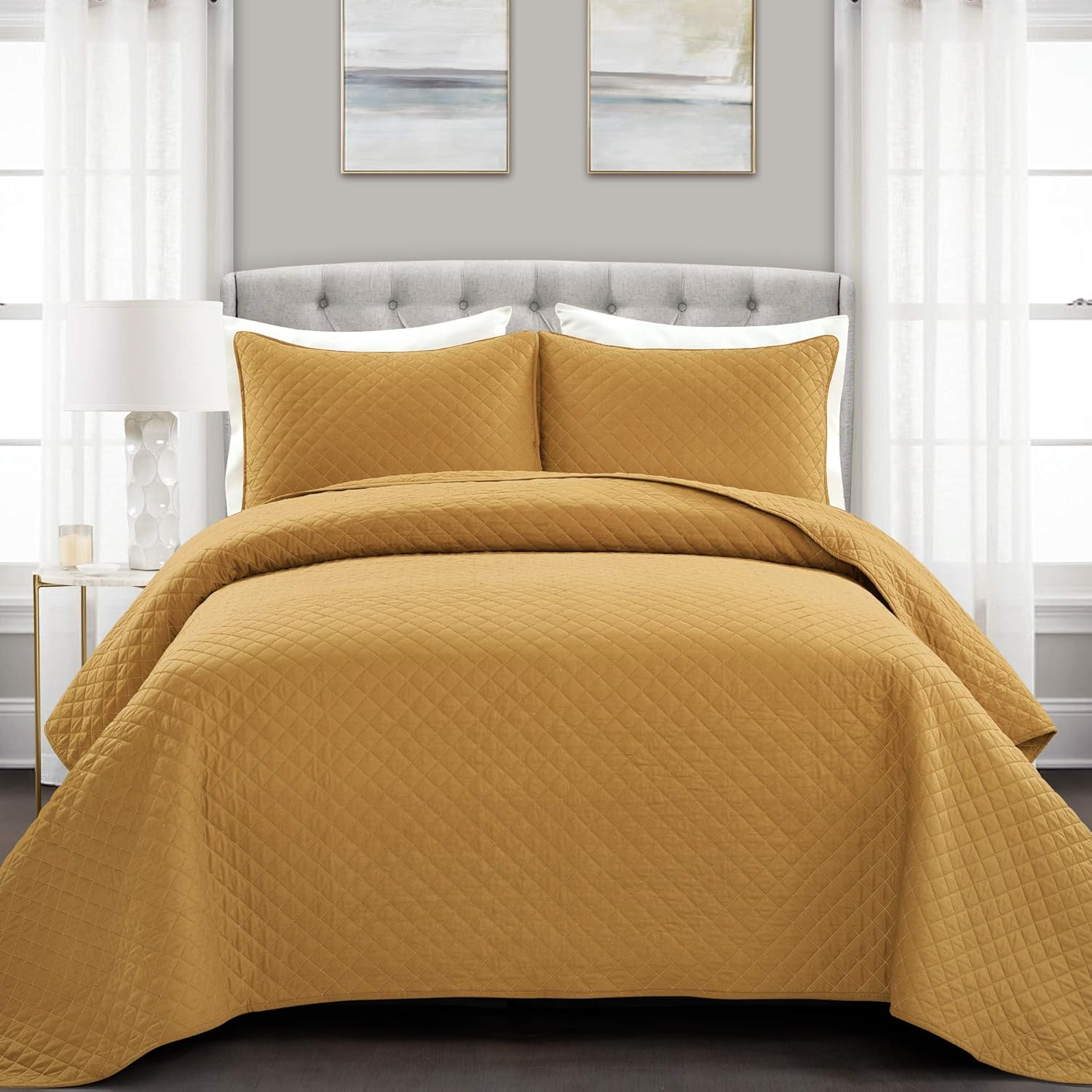 Lush Decor Solid Print Cotton Quilt Sets, Full/Queen, Yellow, 3-Pieces