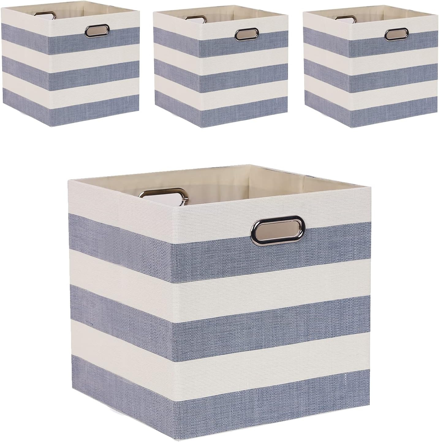 Cube Storage Bins 13×13 Fabric Foldable Box with Handles, Collapsible Organization Basket Set of 4 Large Capacity Drawer for Closet Shelf Cabinet Bookcase Bedroom, Grey-white Stripes