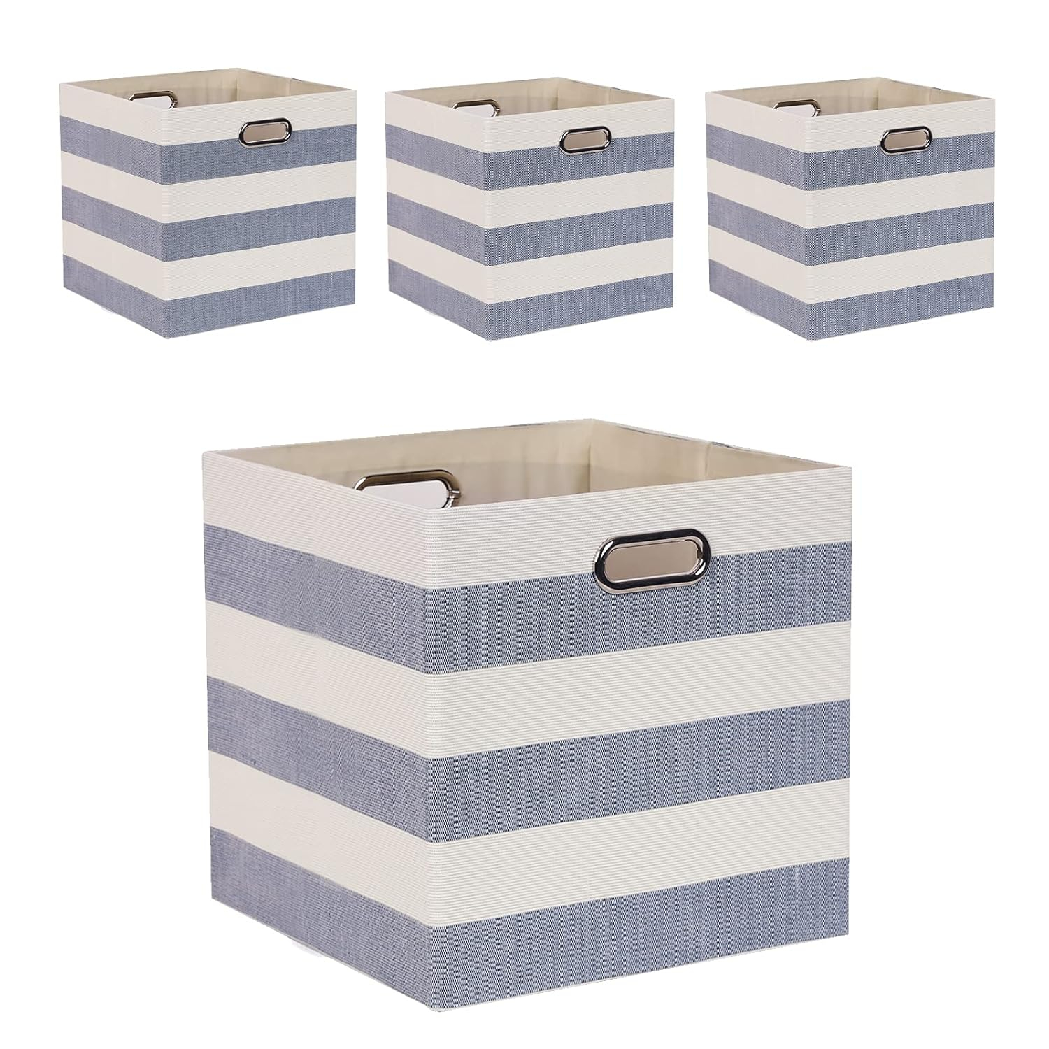 Cube Storage Bins 13×13 Fabric Foldable Box with Handles, Collapsible Organization Basket Set of 4 Large Capacity Drawer for Closet Shelf Cabinet Bookcase Bedroom, Grey-white Stripes